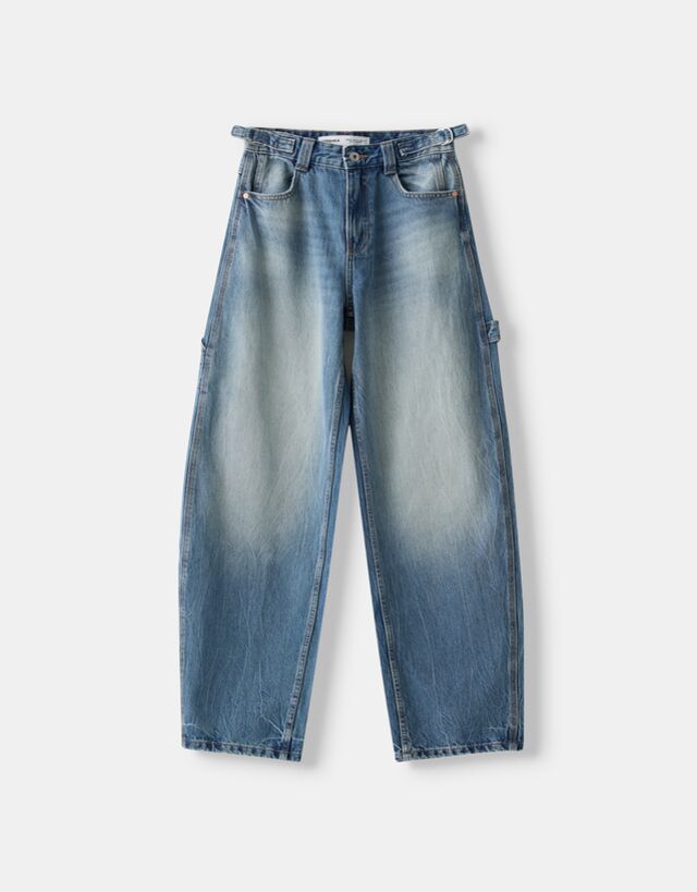 Bershka Wide Balloon Fit-Workwear-Jeans Bskteen 10-12 Ausgewaschenes Blau günstig online kaufen