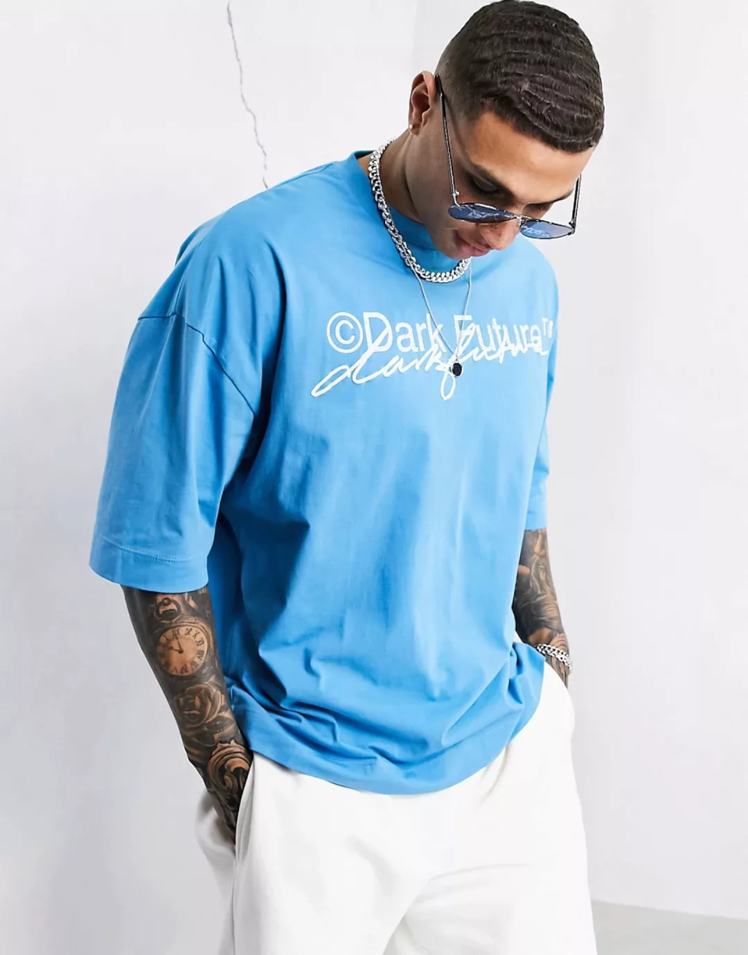 ASOS Dark Future – Oversize-T-Shirt in Blau mit doppeltem 3D-Logoprint günstig online kaufen
