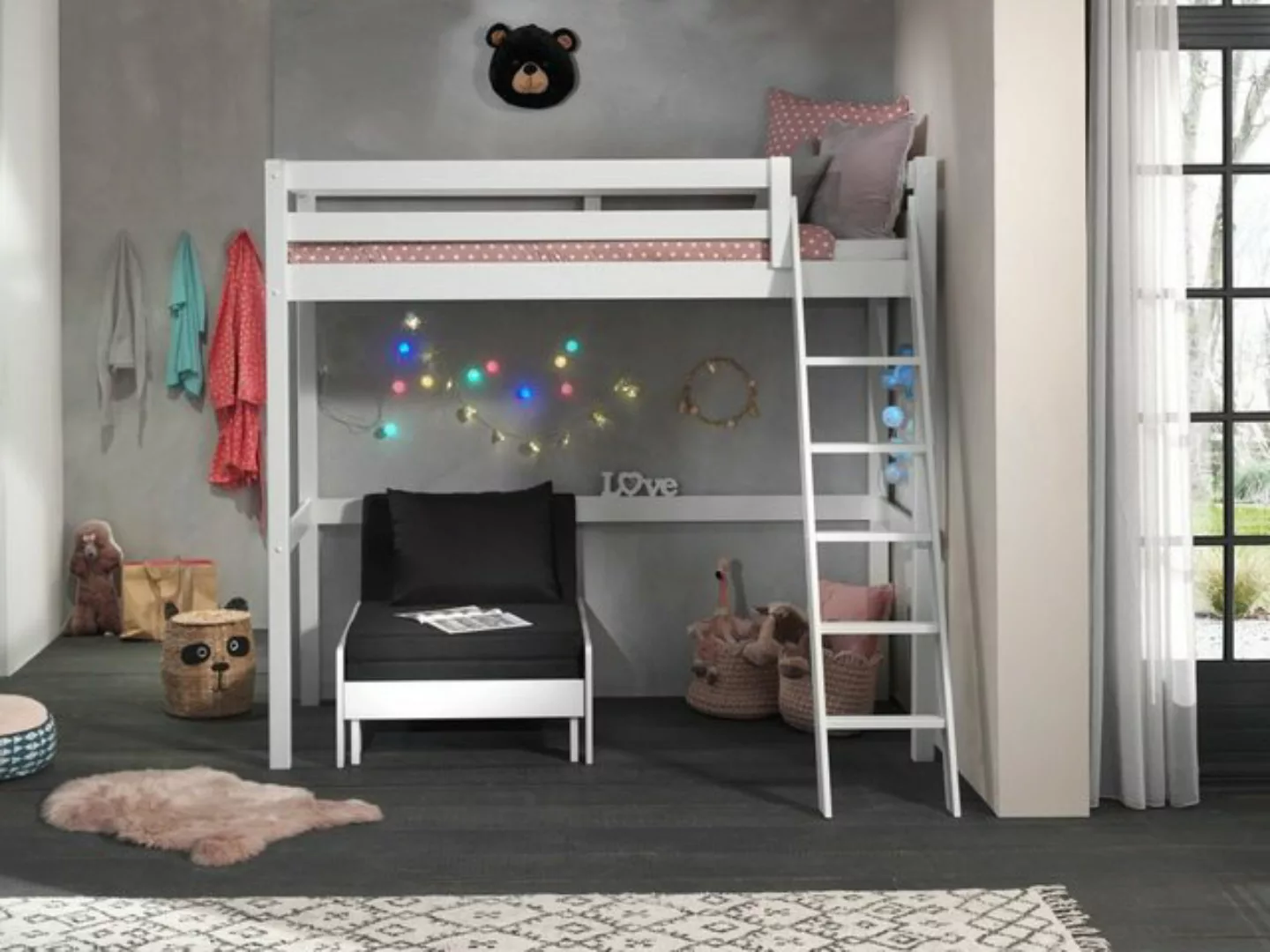 Natur24 Kinderbett Hochbett mit Sesselbett Pino 90x200cm Kiefer Weiß günstig online kaufen