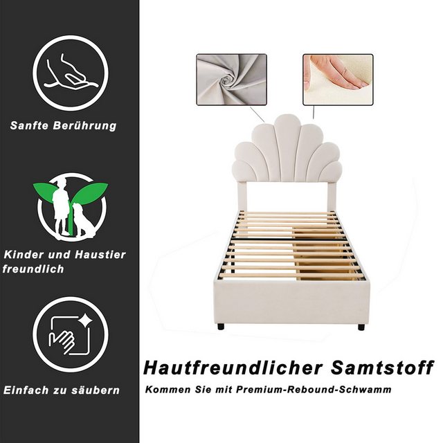 Flieks Polsterbett, Einzelbett Blumenform-Kopfteil Samt 90x200cm mit 2 Schu günstig online kaufen