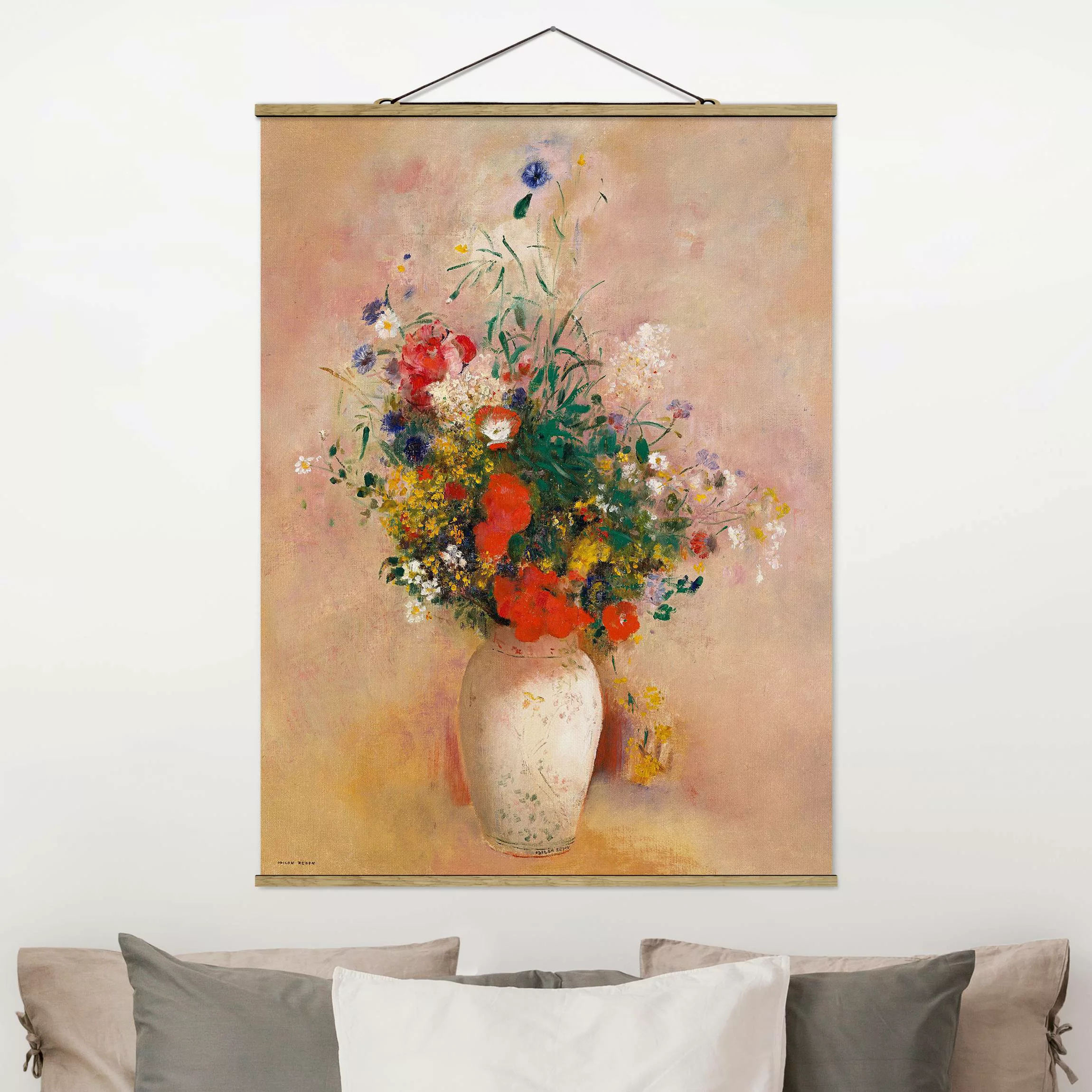 Stoffbild Blumen mit Posterleisten - Hochformat Odilon Redon - Vase mit Blu günstig online kaufen
