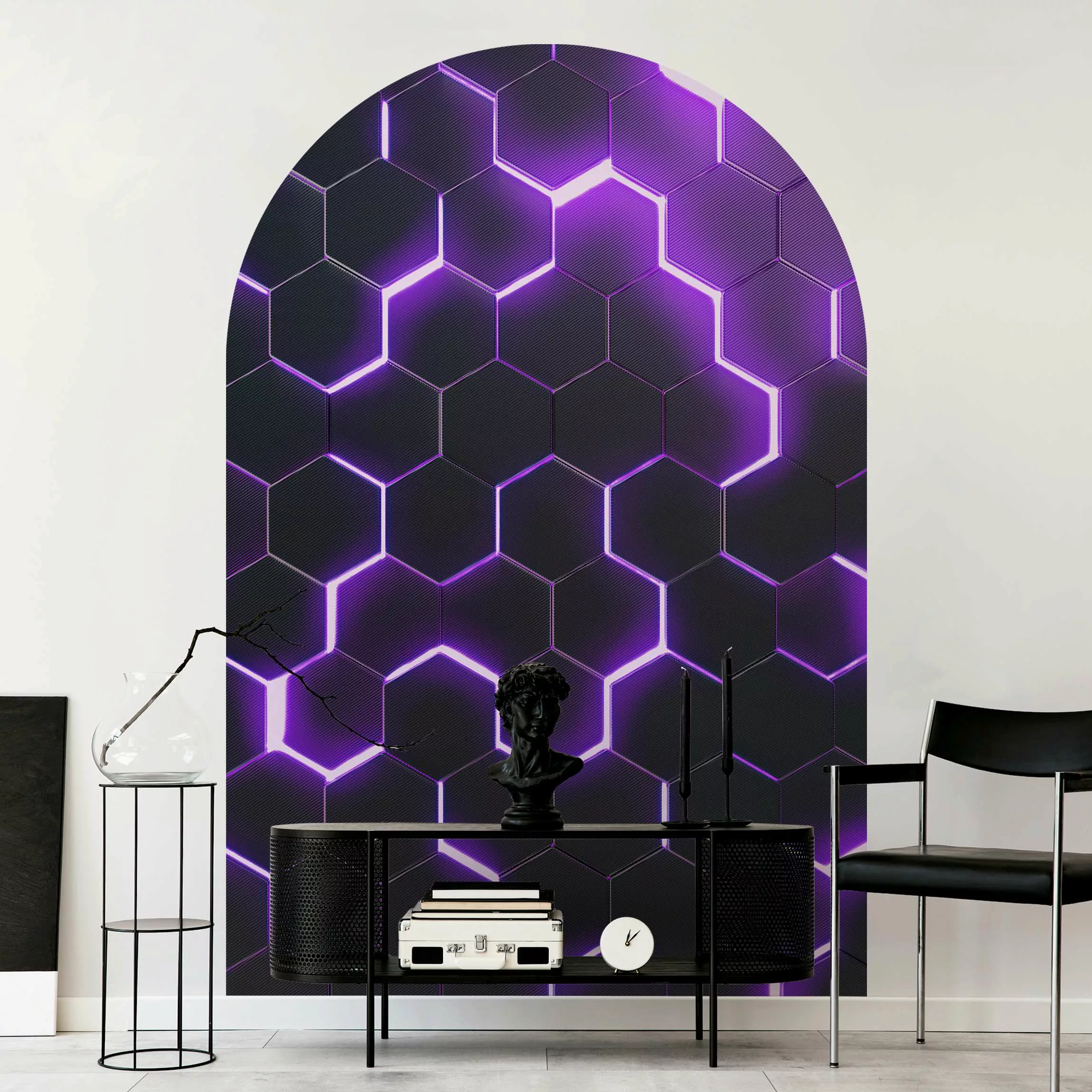 Rundbogen Tapete Strukturierte Hexagone mit Neonlicht in Lila günstig online kaufen