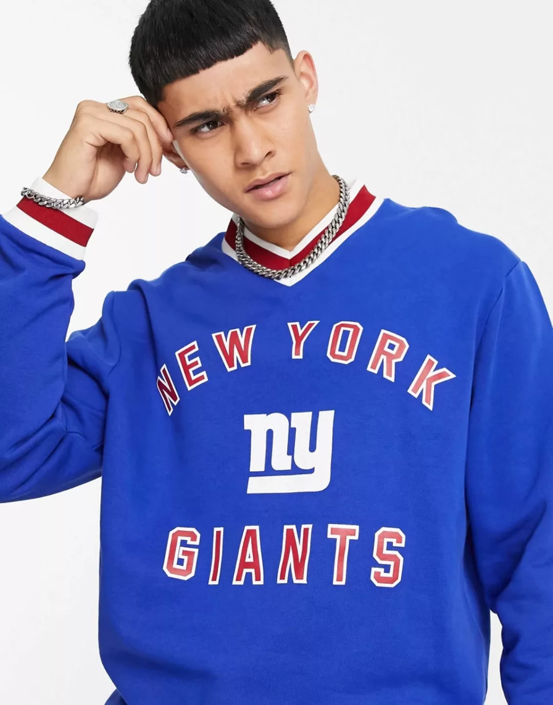 ASOS DESIGN – Sweatshirt mit V-Ausschnitt und NY-Giants-Print in Blau günstig online kaufen