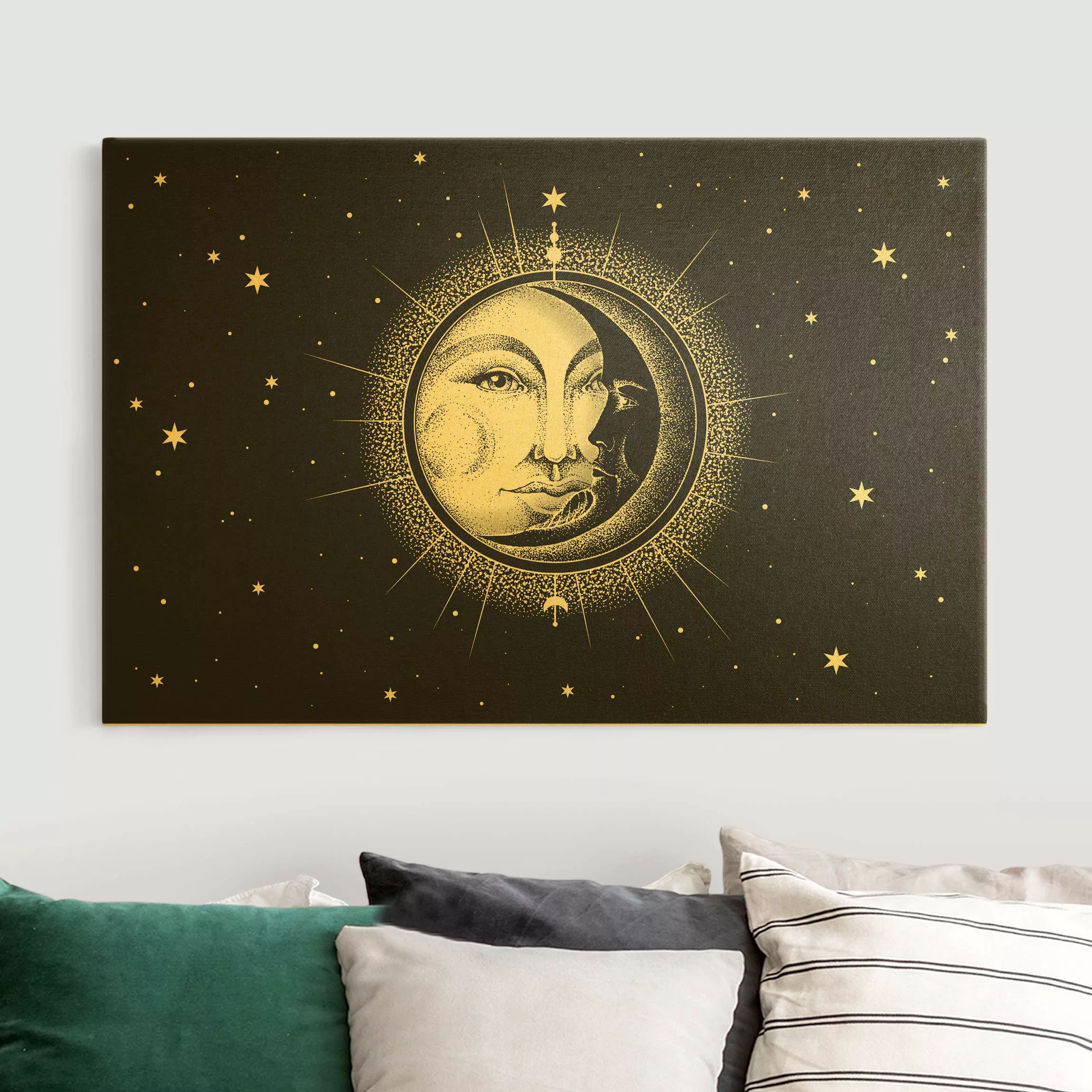 Leinwandbild Gold Vintage Sonne und Mond Illustration günstig online kaufen