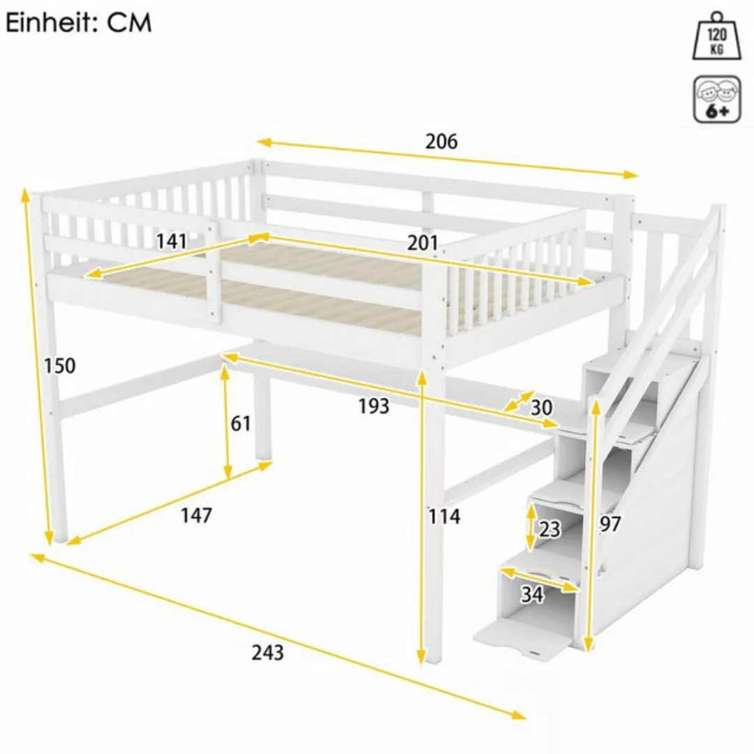 Flieks Hochbett Massivholz Etagenbett Kinderbett 140×200cm mit Treppe und S günstig online kaufen