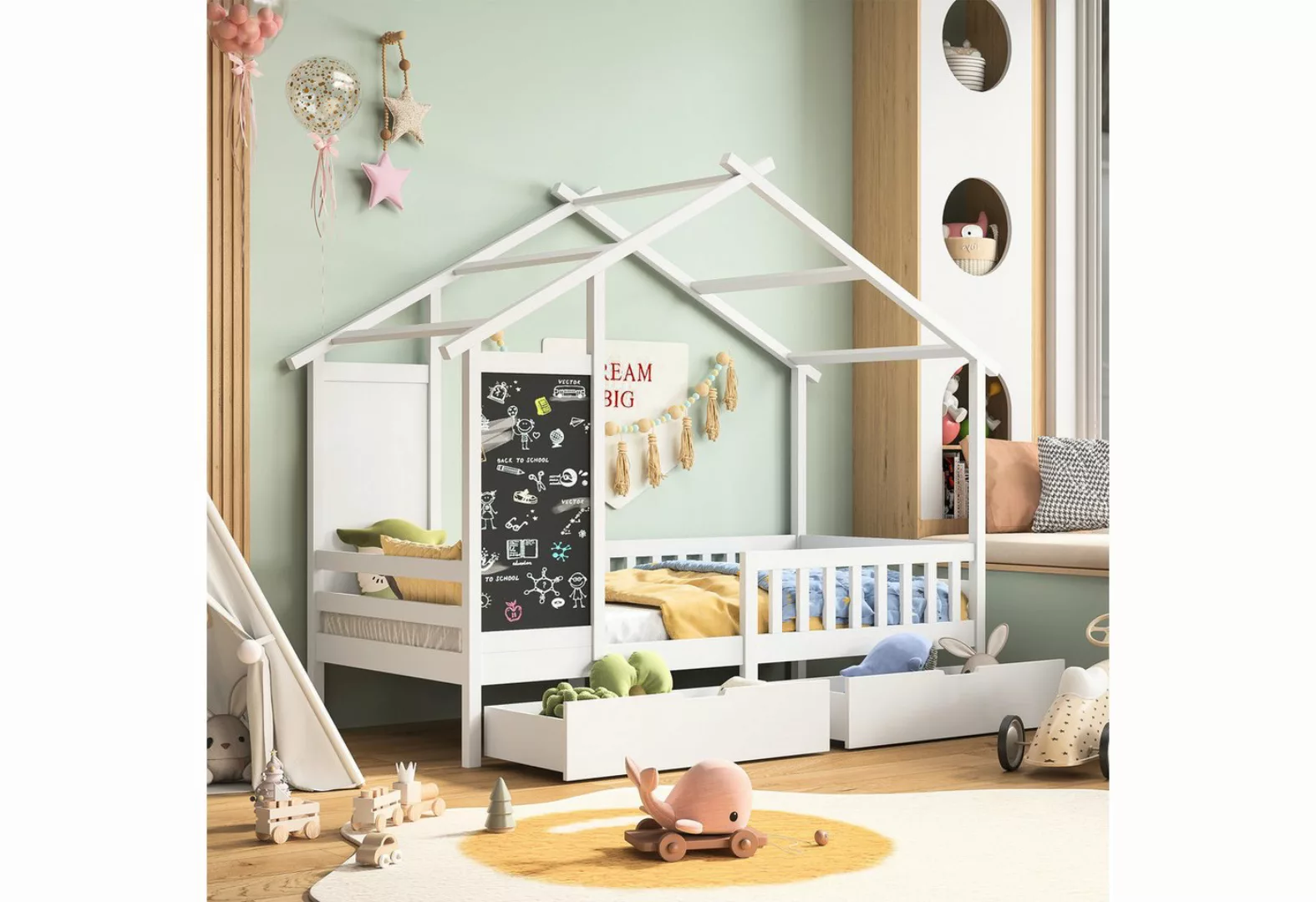 FUROKOY Spielbett Hausbett Kinderbett 90x200cm, Bett aus Kiefernholz (Einze günstig online kaufen