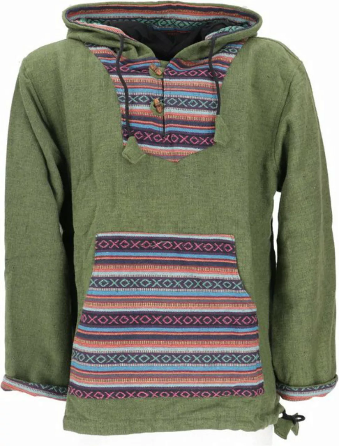 Guru-Shop Sweater Goa Kapuzenshirt, Baja Hoody - grün/bunt Ethno Style, alt günstig online kaufen
