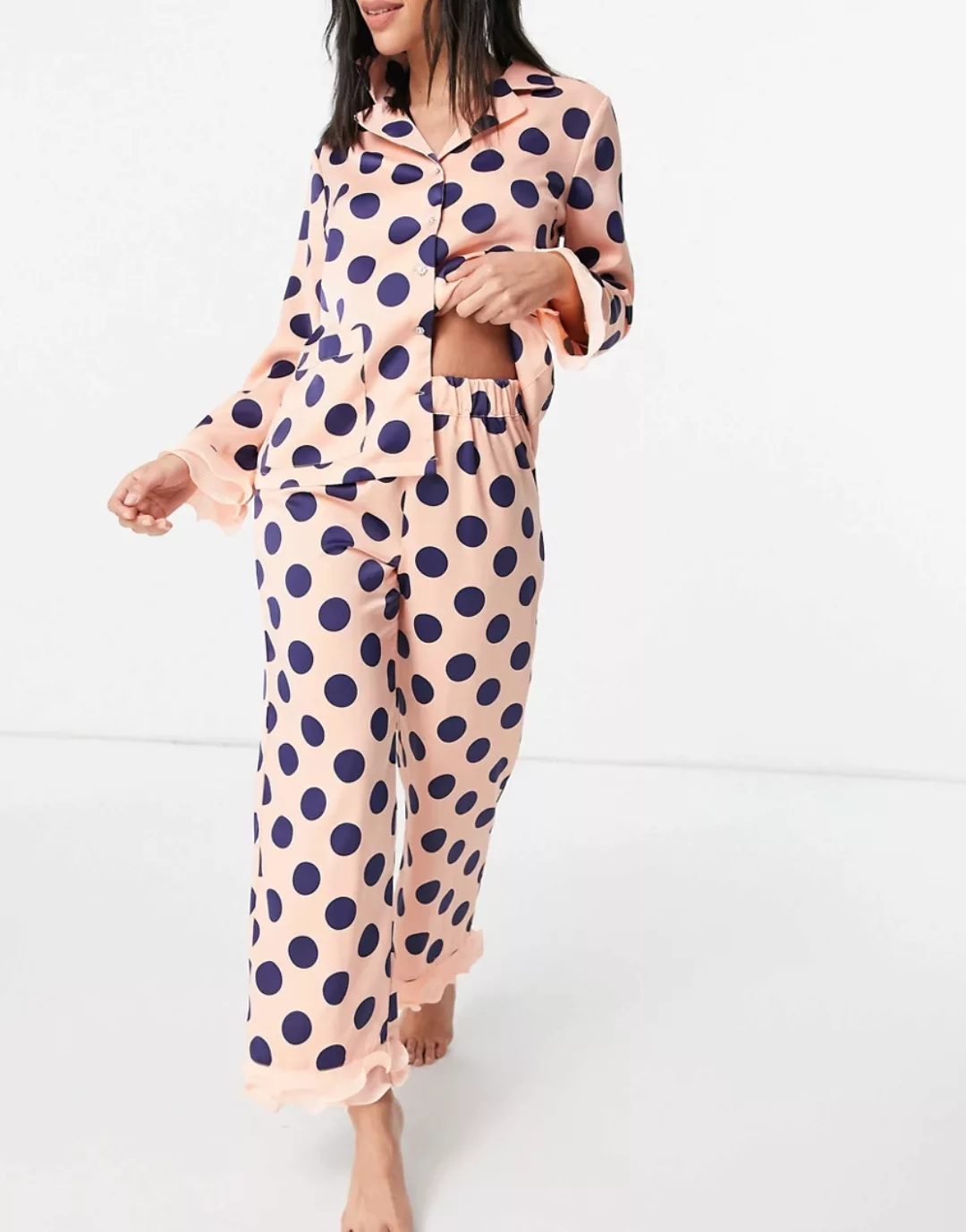 Y.A.S – Exklusives Pyjamaset aus Hemd und Hose mit Organza-Besatz in Rosa u günstig online kaufen