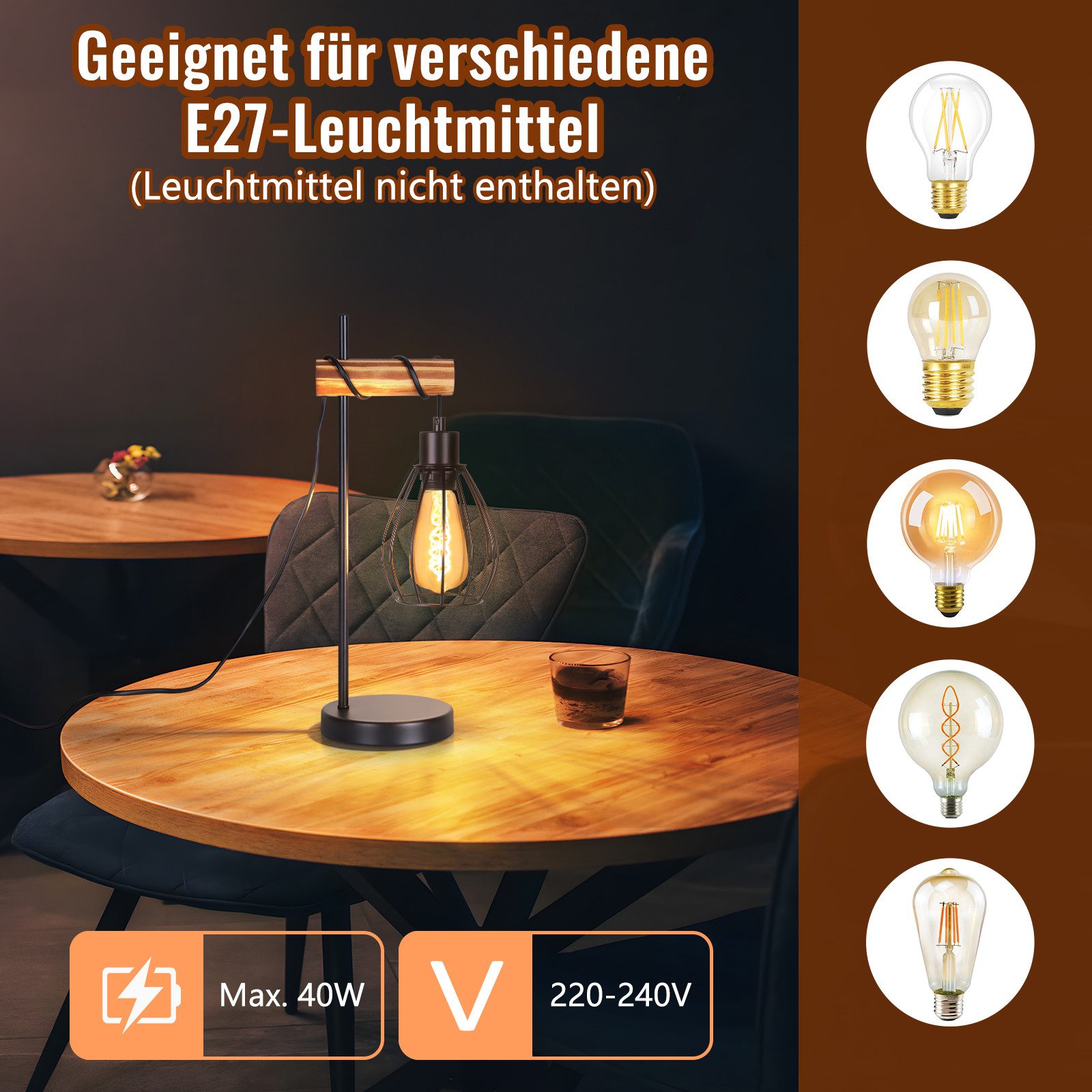 Nettlife Tischleuchte Holz Vintage E27 Tischlampe günstig online kaufen