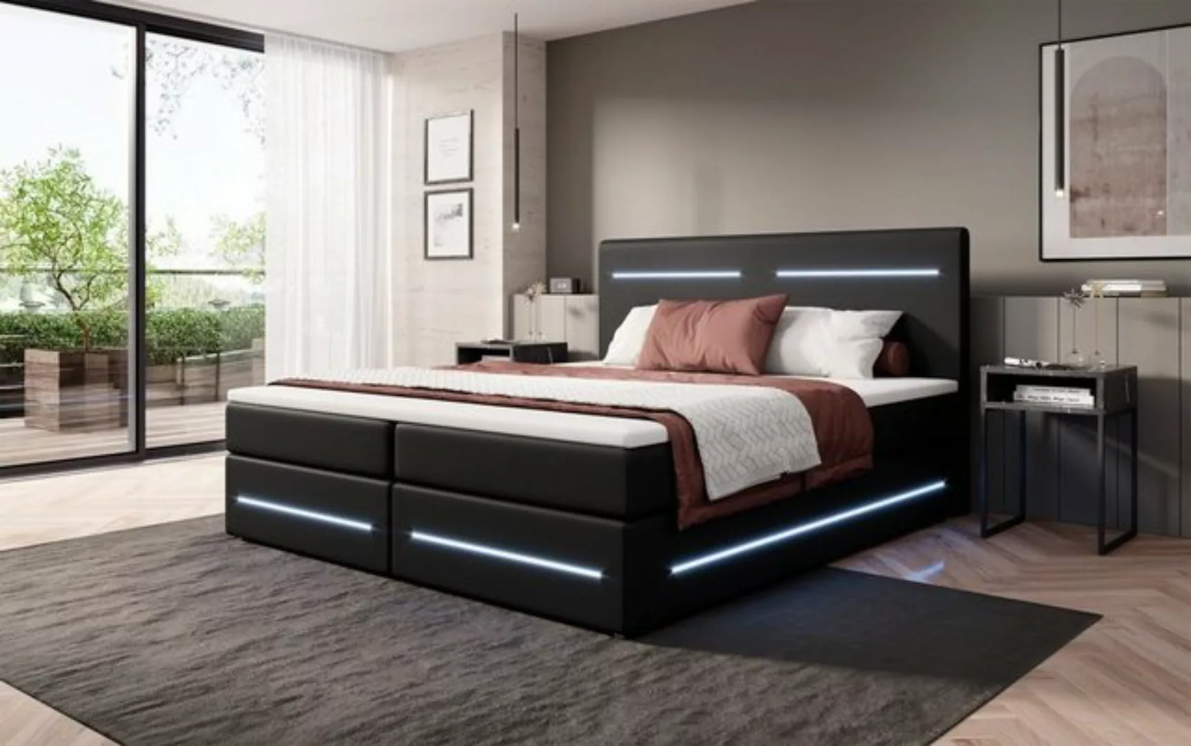 Luxusbetten24 Boxspringbett Evelyn, mit Stauraum, LED-Beleuchtung und Kunst günstig online kaufen