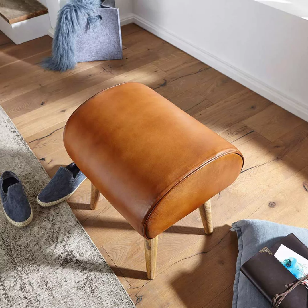 Holzhocker mit Echtleder Sitzfläche in Cognac Braun rustikalen Landhausstil günstig online kaufen