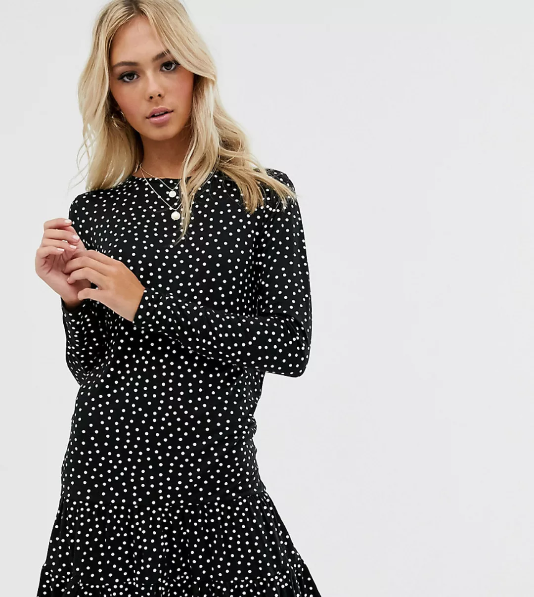 Wednesday's Girl – Langärmliges, gepunktetes Kleid mit Schößchen-Schwarz günstig online kaufen