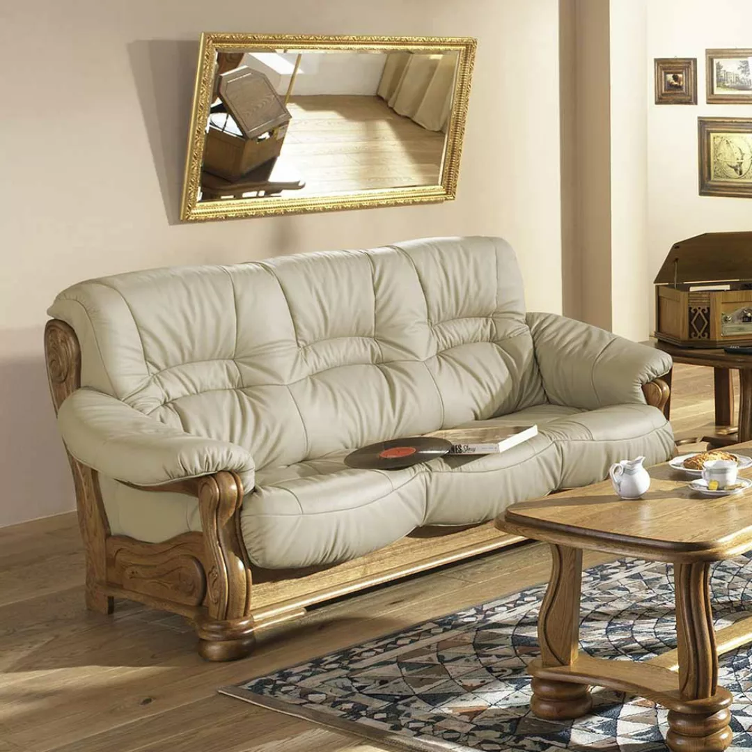 Dreier Sofa mit Federkern in Beige Echtleder Eiche Massivholz günstig online kaufen