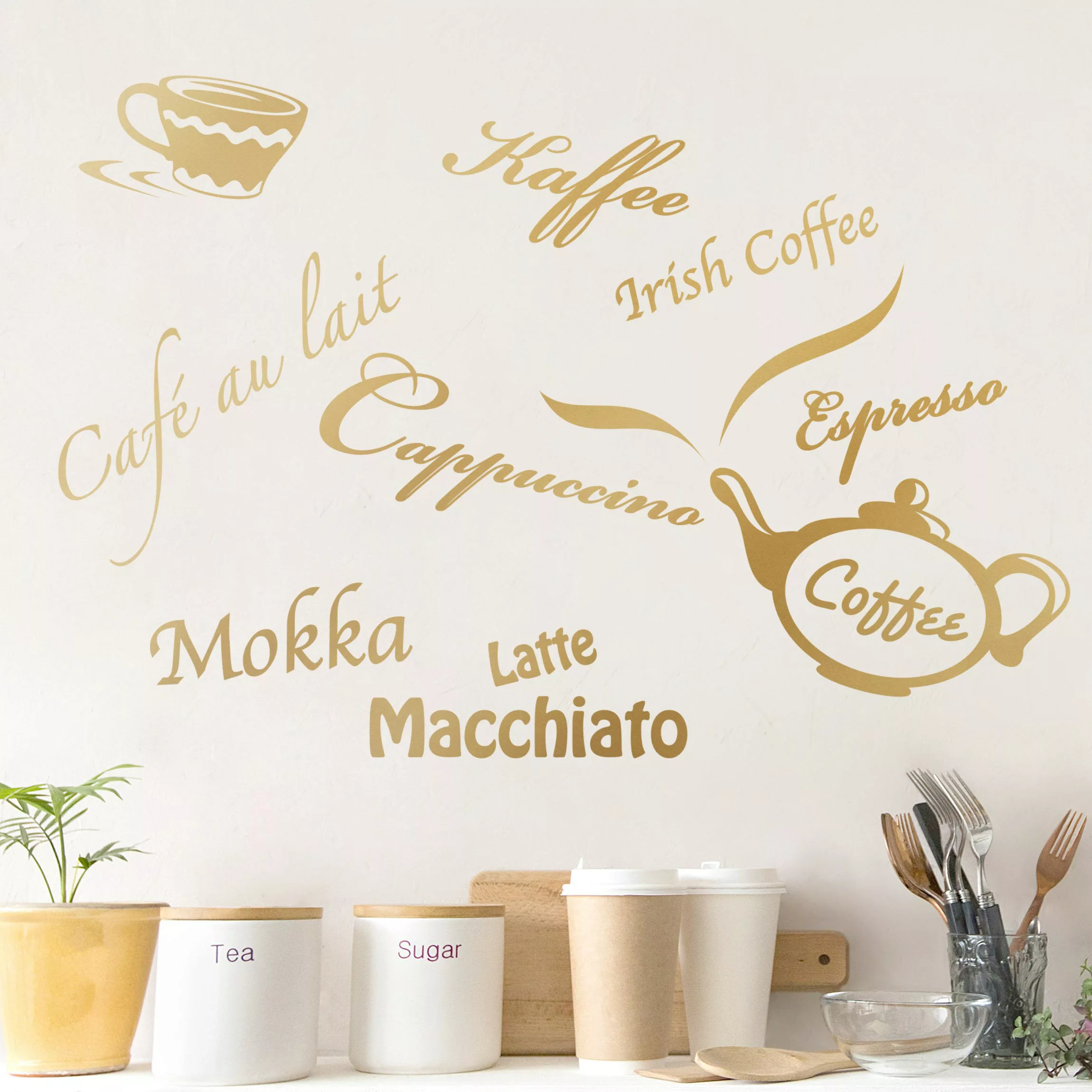 Wandtattoo Küchenspruch Kaffeesorten mit Kaffeekanne günstig online kaufen
