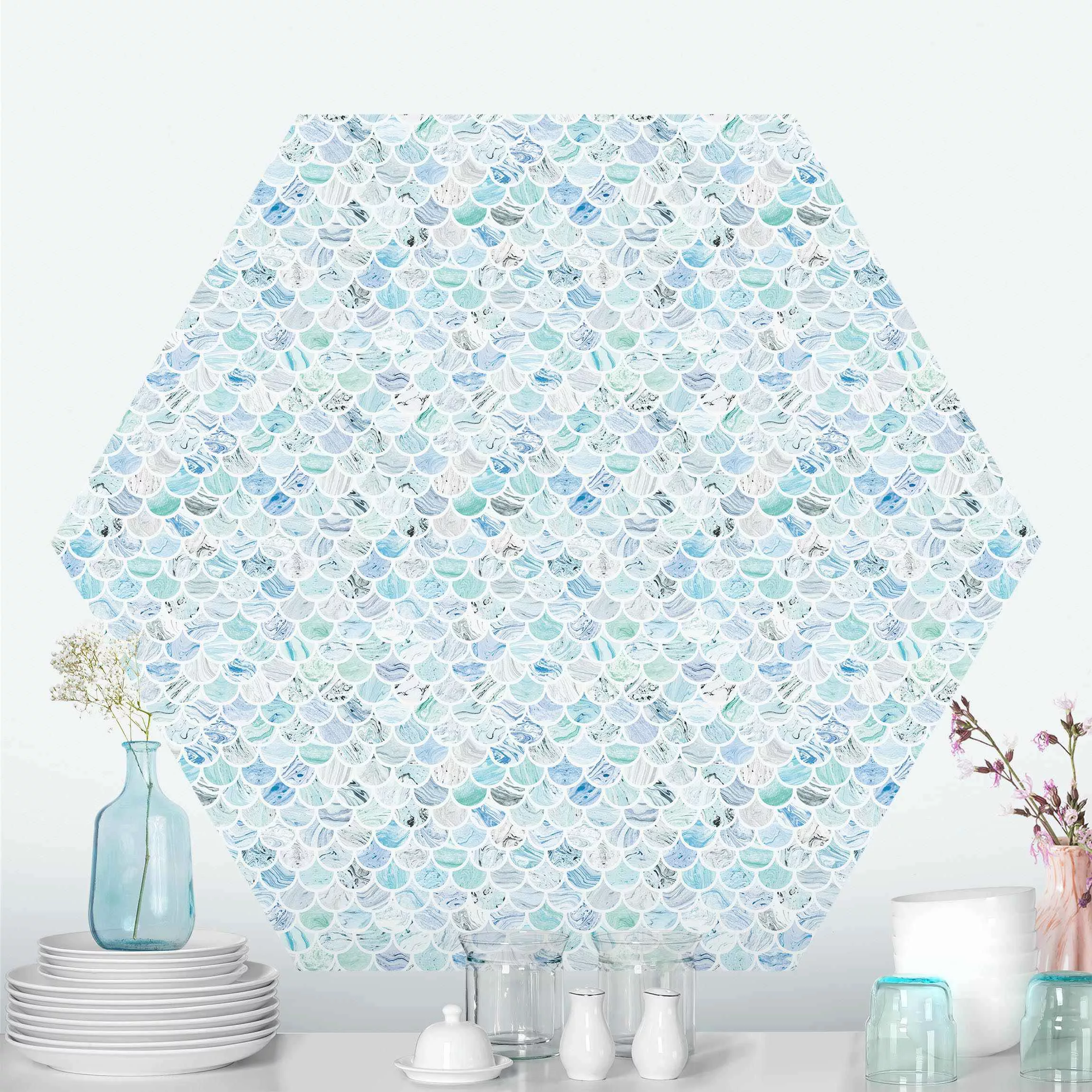 Hexagon Mustertapete selbstklebend Marmor Muster Meerblau günstig online kaufen