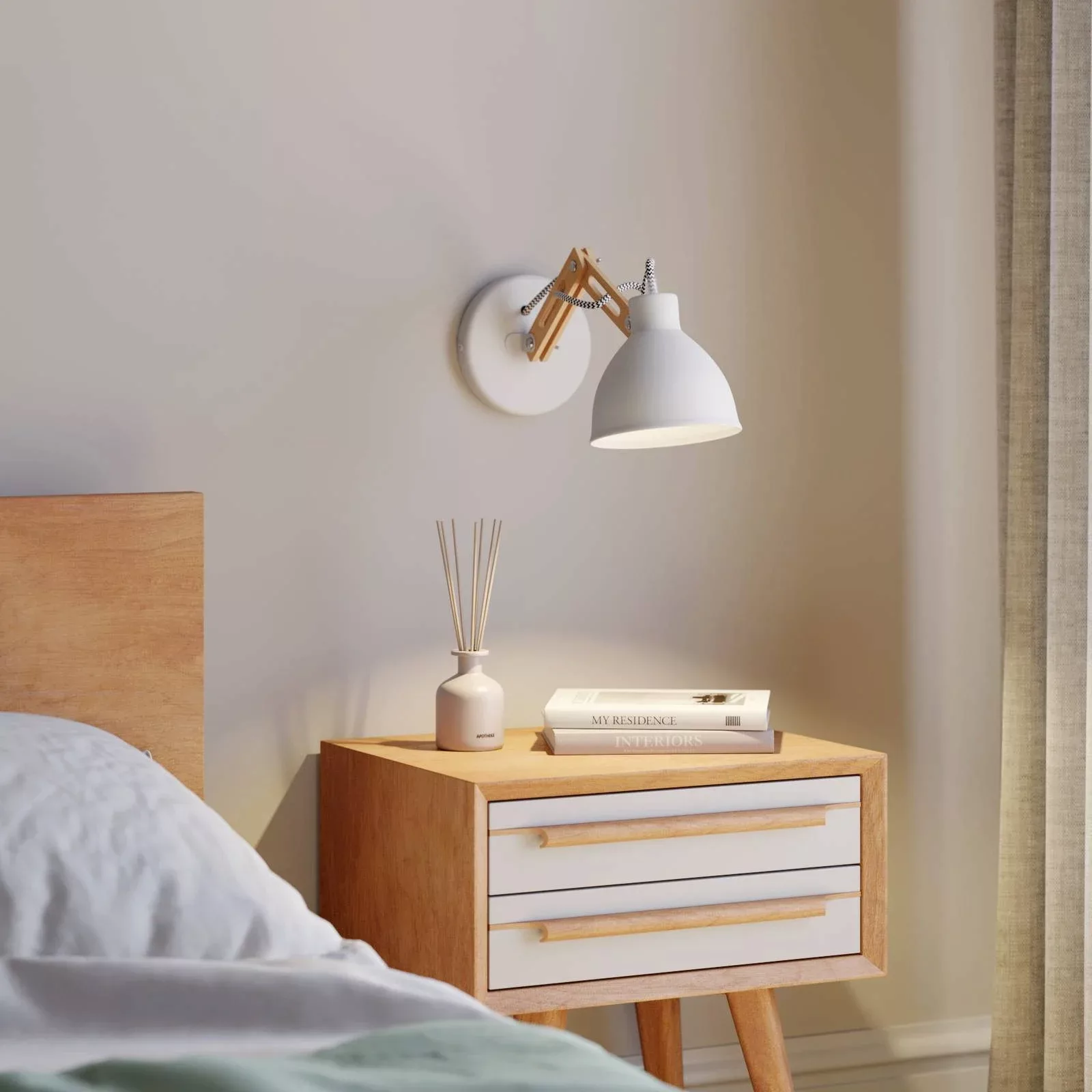 Wandlampe Skansen, Holzarm verstellbar, weiß günstig online kaufen