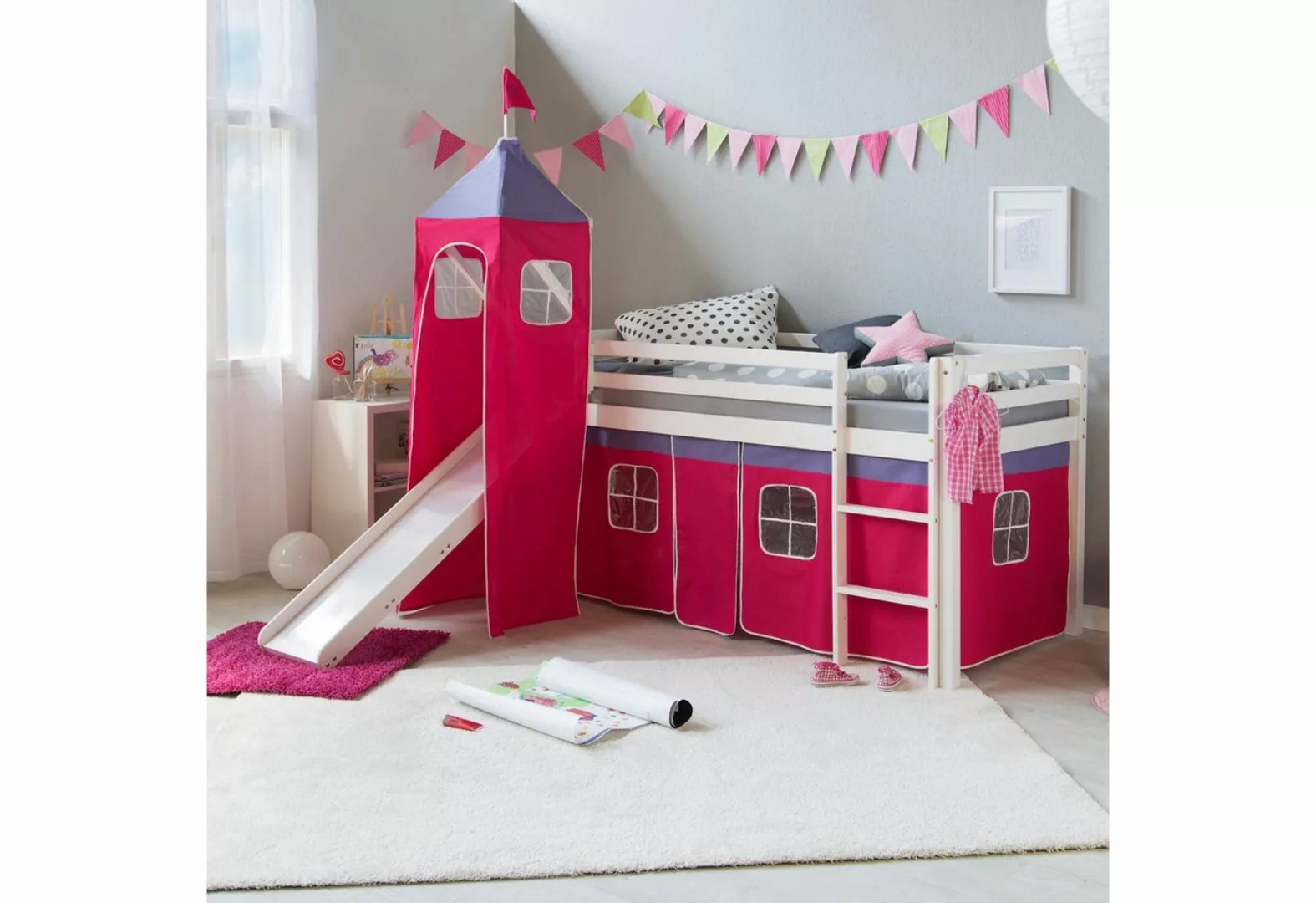 Homestyle4u Hochbett 90x200 cm Kinderbett Weiß mit Vorhang Pink (Set, mit T günstig online kaufen