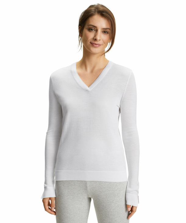 FALKE Damen Langarmshirt V-Ausschnitt, XL, Weiß, Uni, Schurwolle, 64164-286 günstig online kaufen
