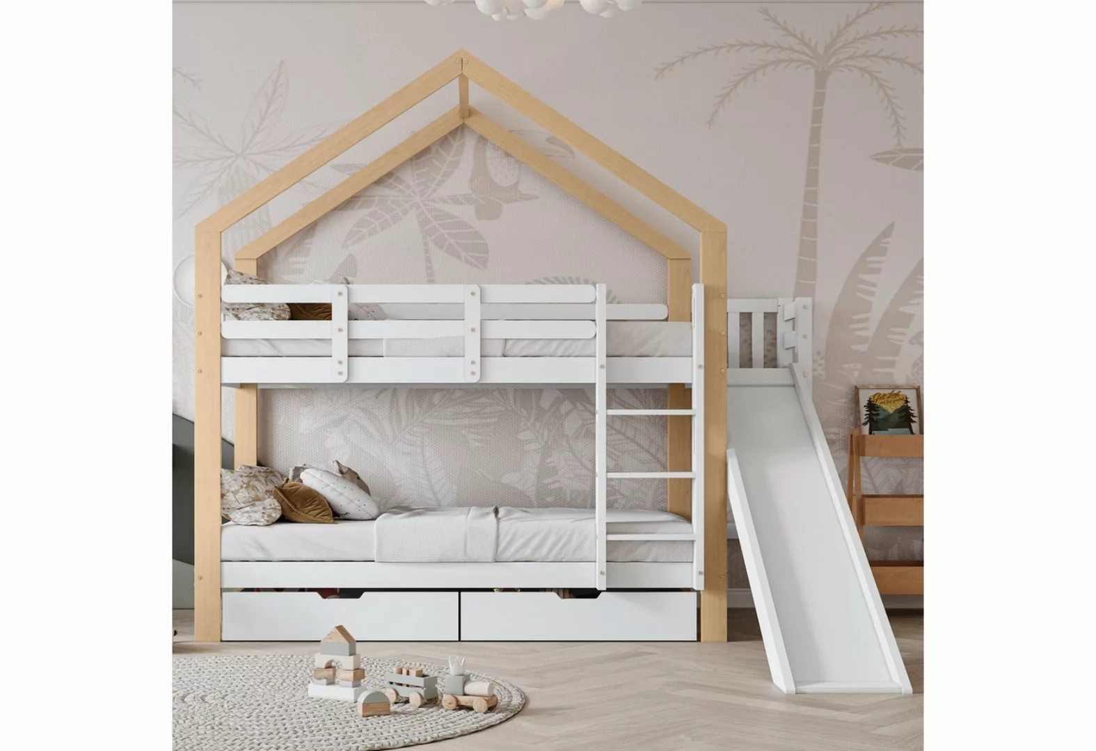 Gotagee Holzbett Etagenbett mit Rutsche Hausbett 90x200cm Holzbett Einzelbe günstig online kaufen