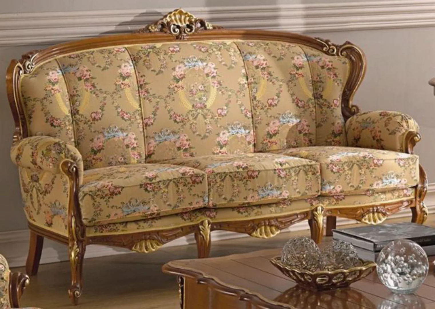 Casa Padrino Sofa Luxus Barock Wohnzimmer Sofa mit Blumenmuster Beige / Meh günstig online kaufen