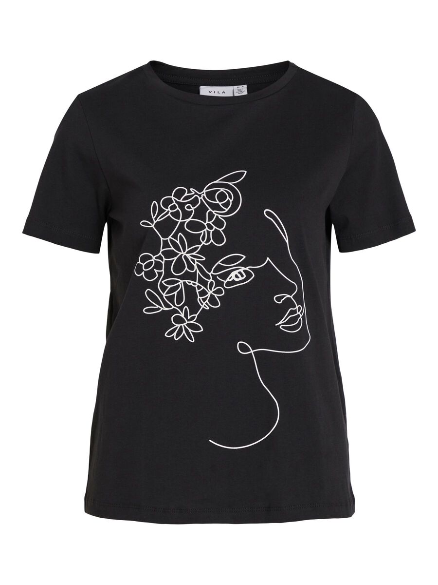 VILA Bedrucktes Baumwoll T-shirt Damen Schwarz günstig online kaufen