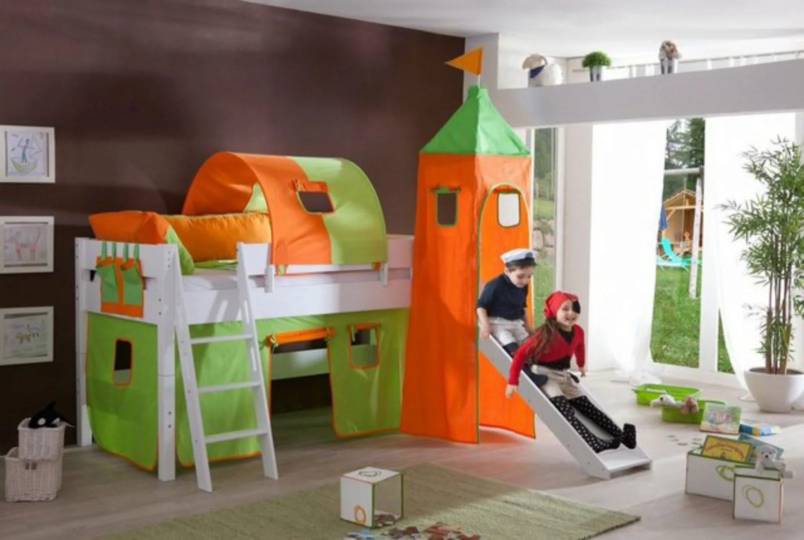 Natur24 Kinderbett Halbhohes Einzelbett Kim Buche Weiß 90x200cm mit Rutsche günstig online kaufen