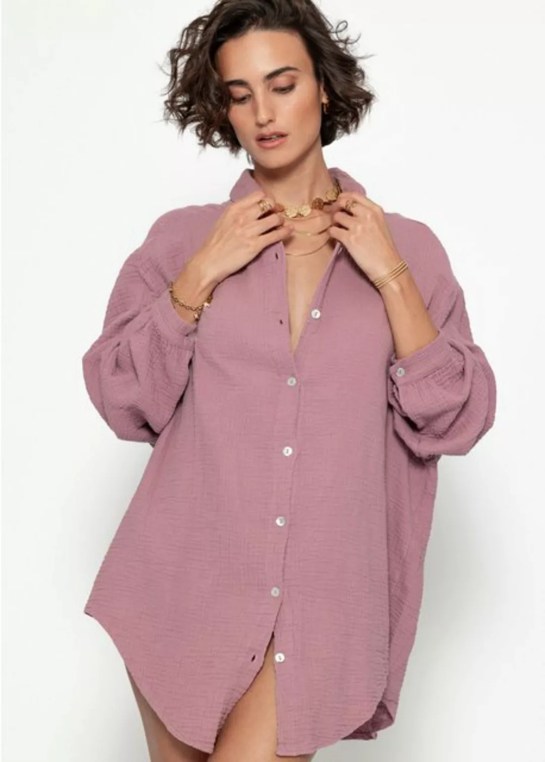 SASSYCLASSY Longbluse Oversize Musselin Bluse Damen Langarm Elegant Hemdblu günstig online kaufen