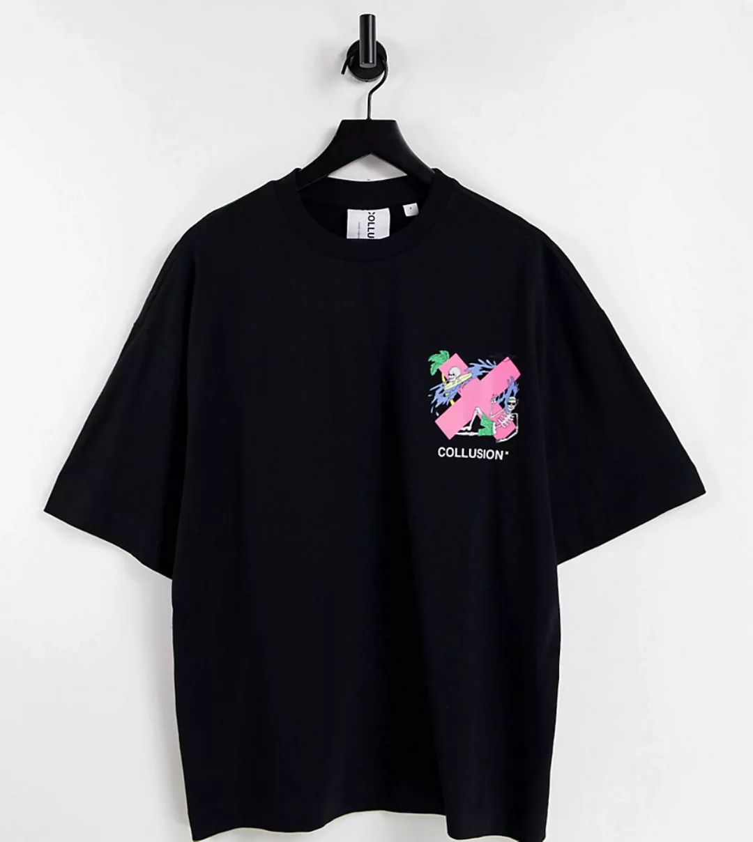 COLLUSION – Oversize-T-Shirt aus Bio-Baumwolle in Schwarz mit Logo und Skel günstig online kaufen