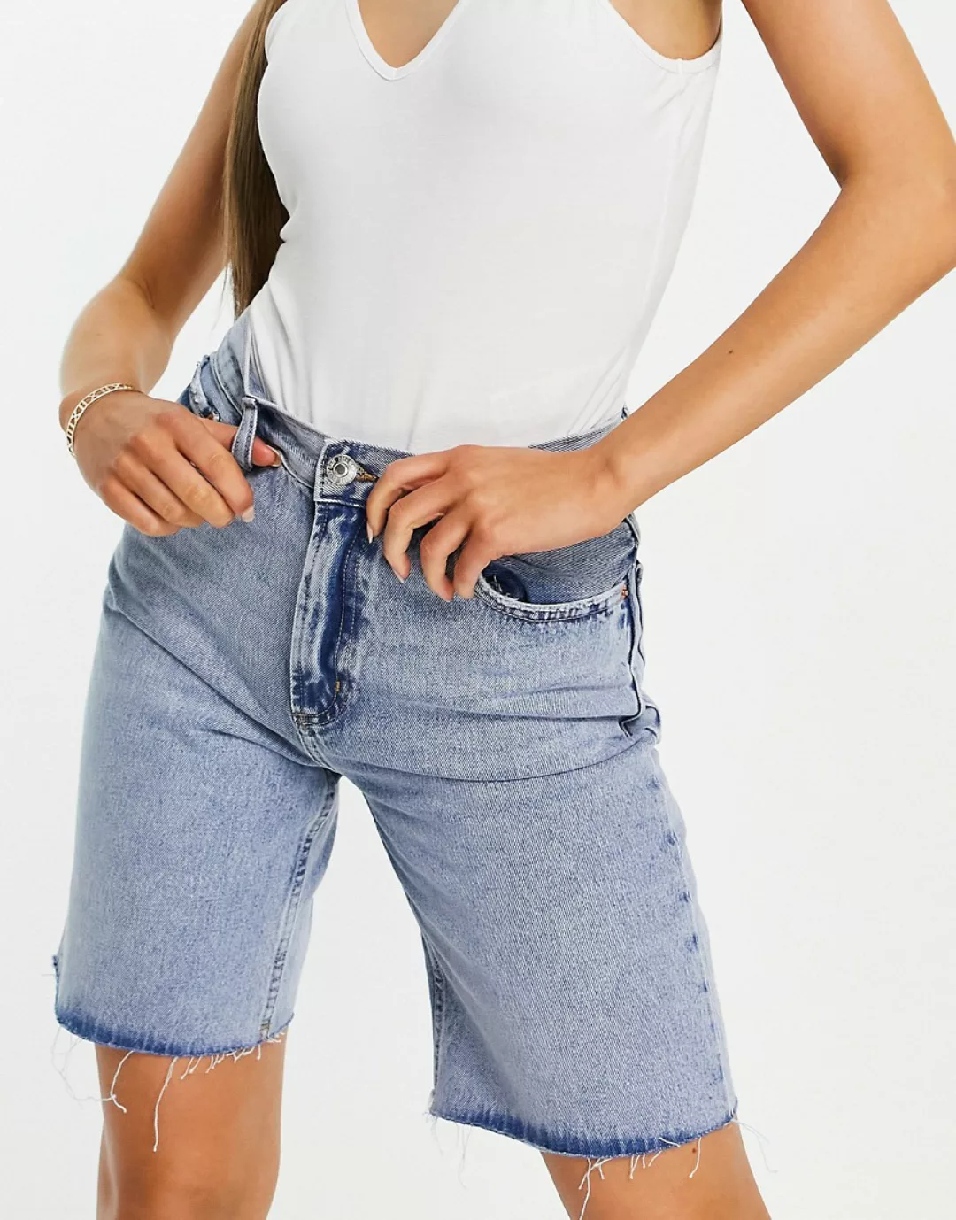 Mango – Longline-Boyfriend-Jeansshorts in Blau günstig online kaufen