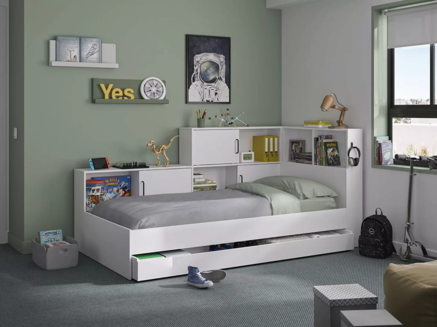 Bett mit Stauraum & Schublade - 90 x 200 cm - Weiß + Lattenrost - ARMAND günstig online kaufen