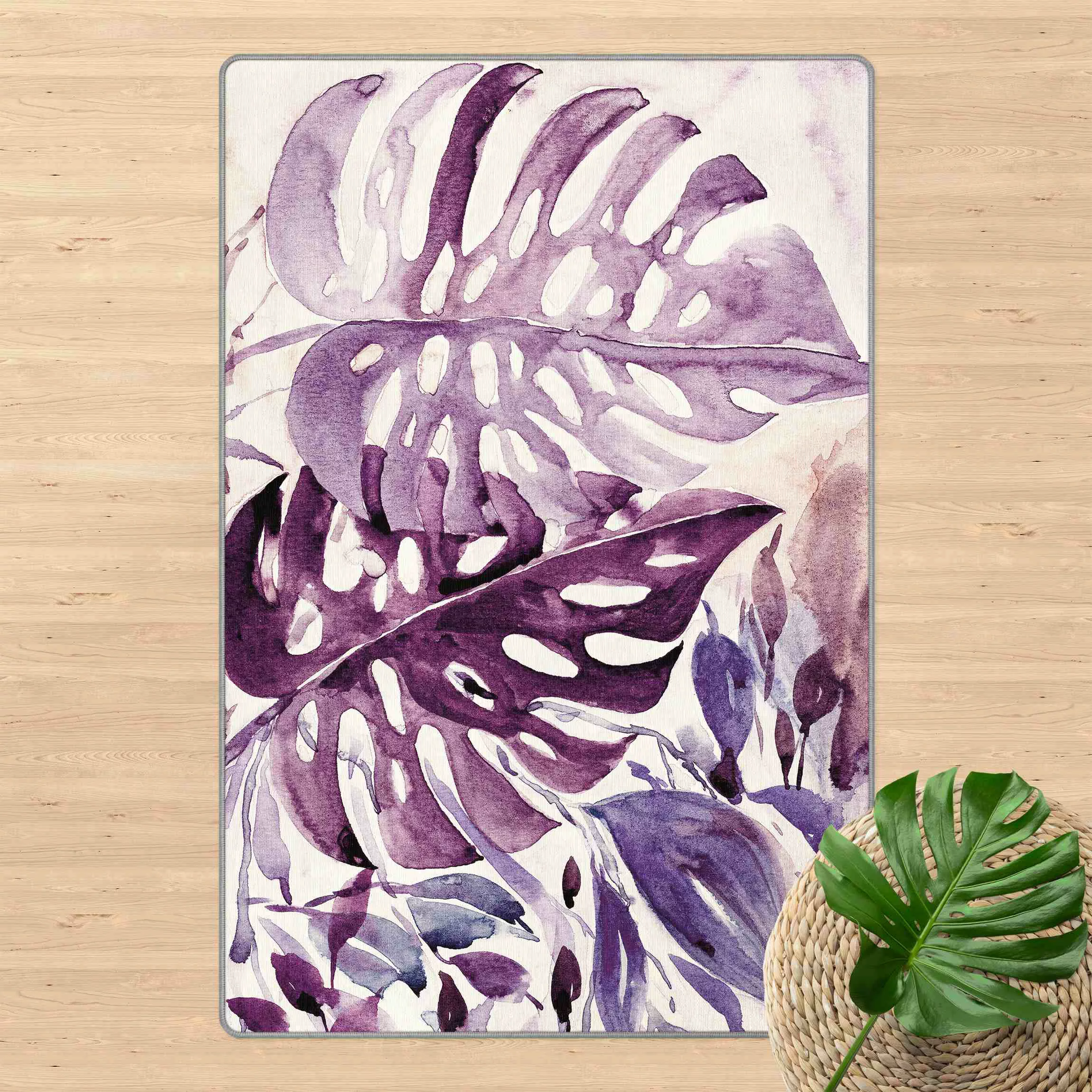 Teppich Aquarell Tropische Blätter mit Monstera in Aubergine günstig online kaufen