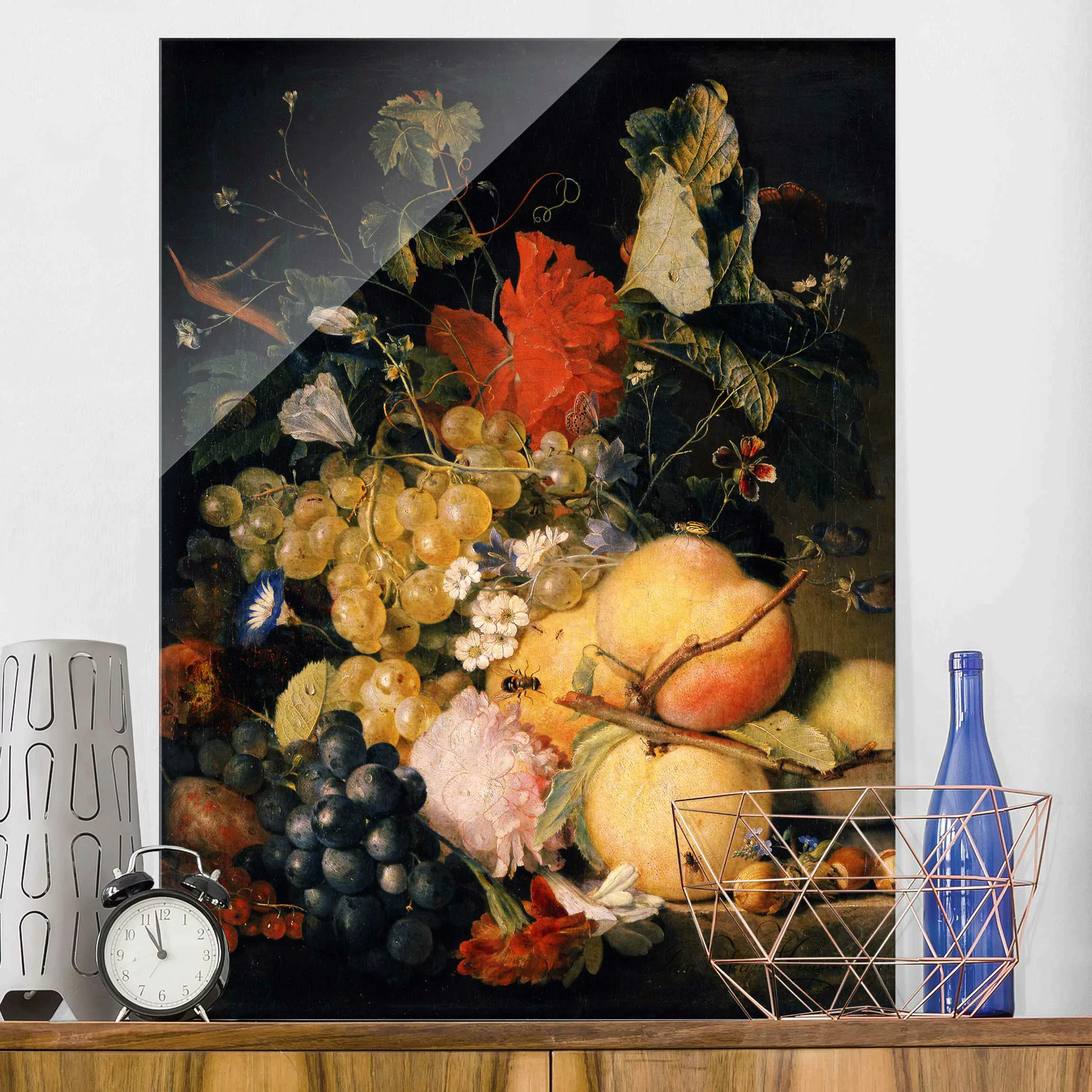 Glasbild Kunstdruck - Hochformat Jan van Huysum - Früchte Blumen und Insekt günstig online kaufen