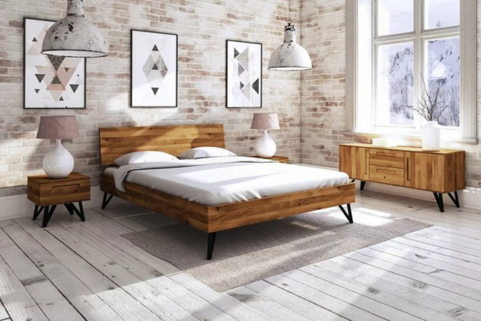 Natur24 Einzelbett Bett Rolo 2 in 90x200cm Wildeiche massiv Holzkopfteil un günstig online kaufen