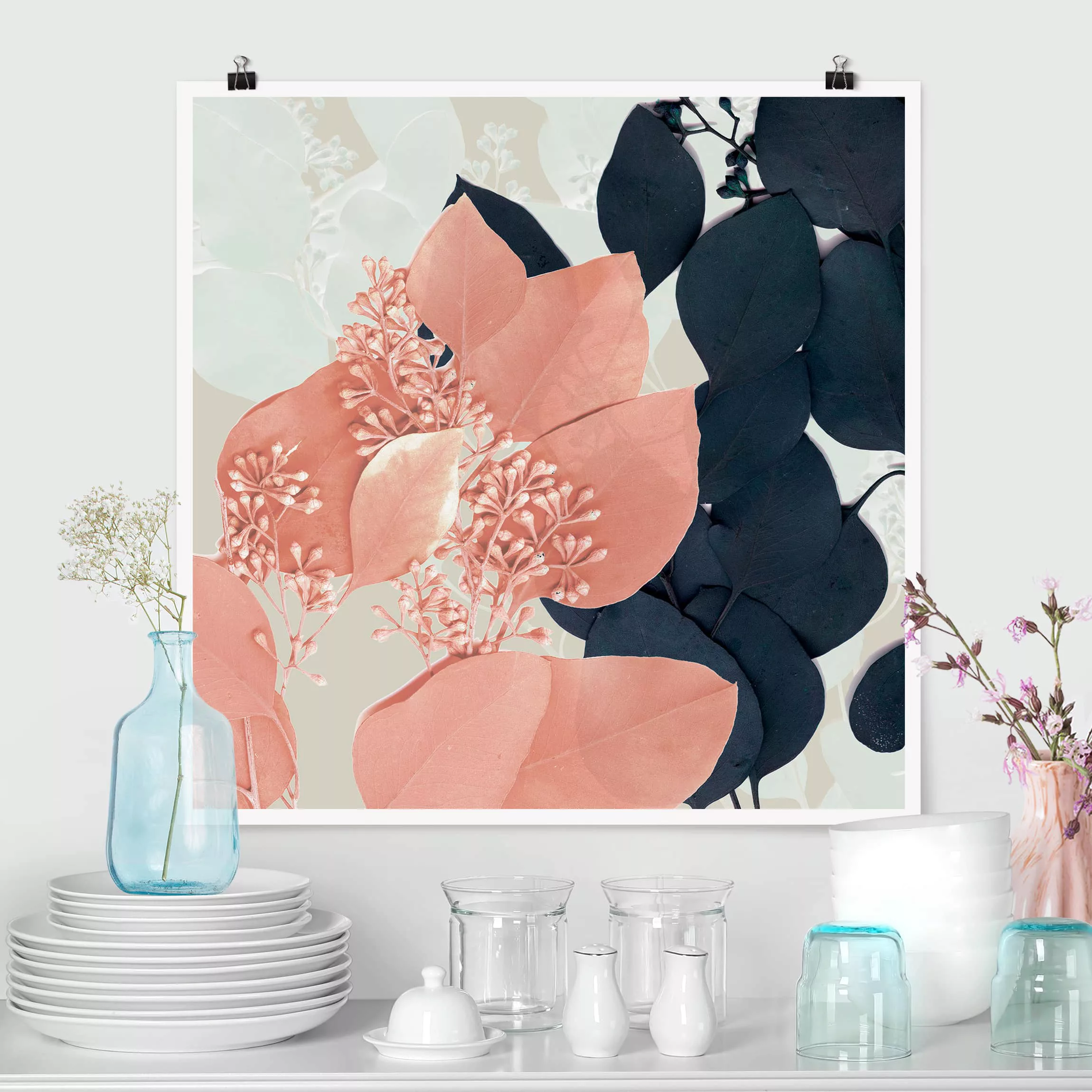 Poster Blumen - Quadrat Blätter Indigo & Rouge III günstig online kaufen