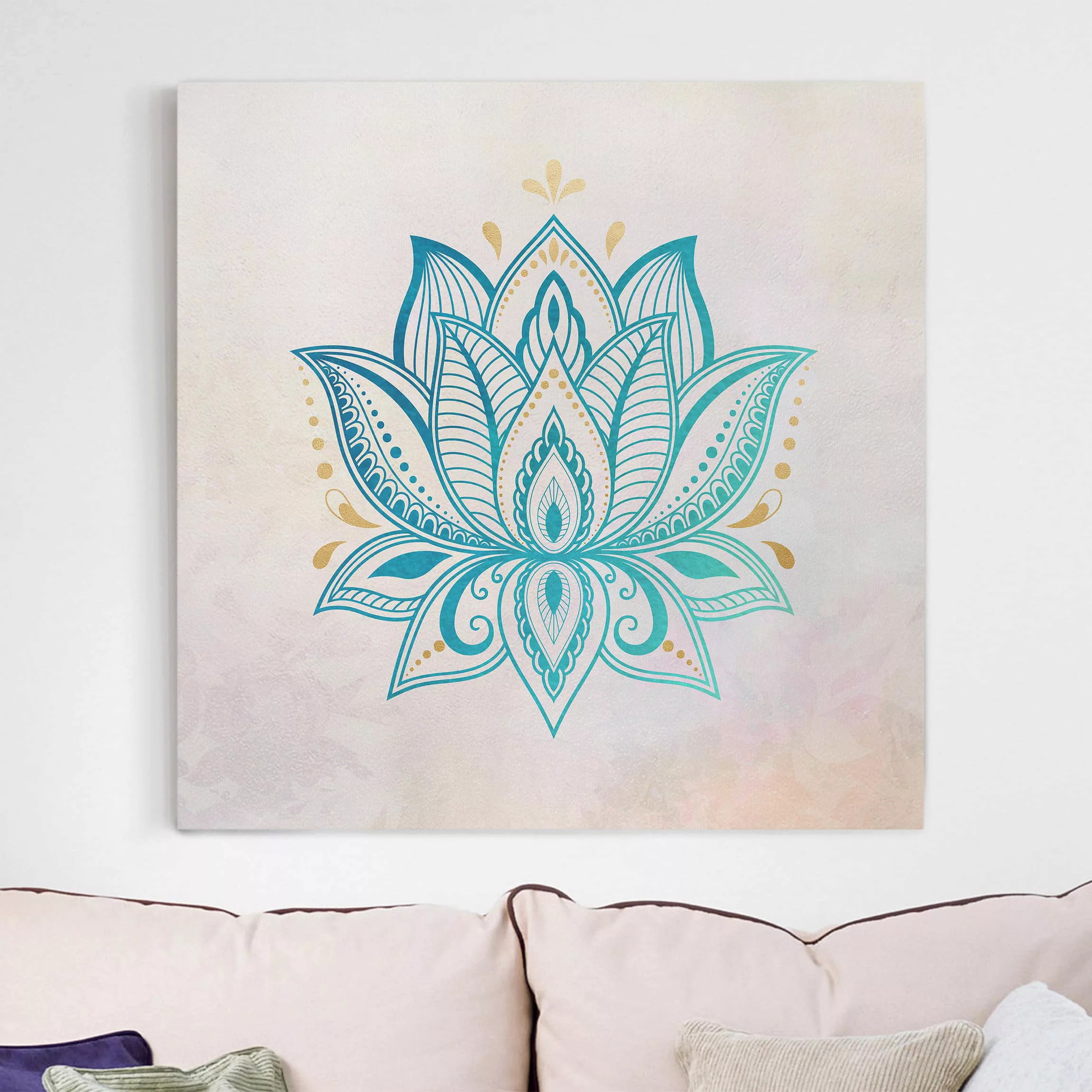 Leinwandbild Lotus Illustration Mandala gold blau günstig online kaufen