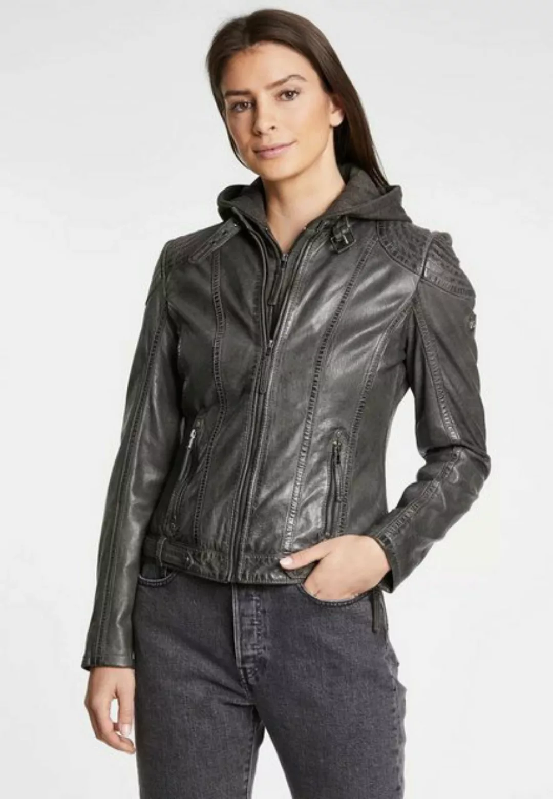 Gipsy Lederjacke Cacey Gipsy - Damen Lederjacke Lammnappa Kapuze anthrazit günstig online kaufen