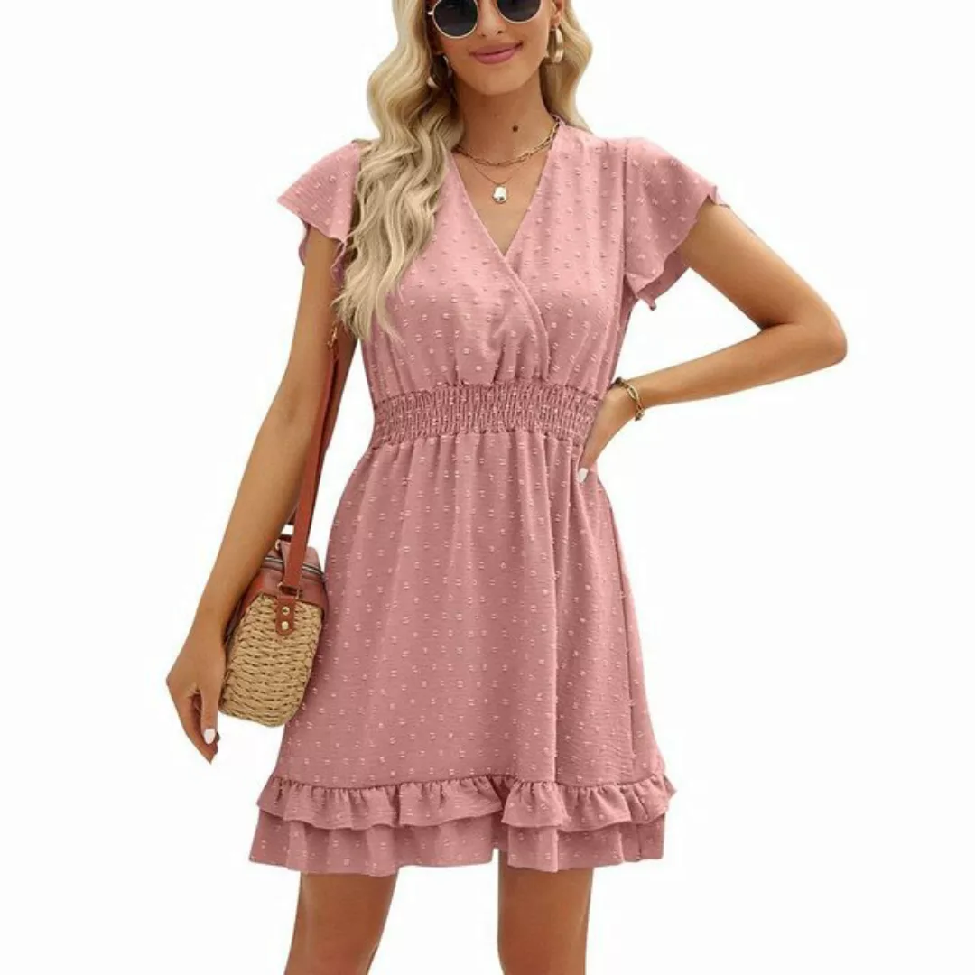 ZWY Dirndl Gerafftes Kleid aus Chiffon mit Pompom und Rüschenärmeln günstig online kaufen