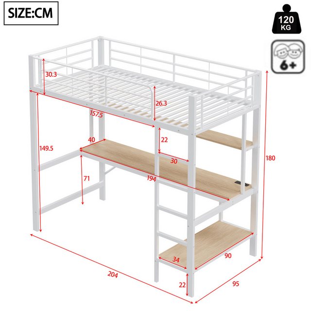 Flieks Hochbett LED Metallbett 90x200cm mit Leiter, Schreibtisch mit Auflad günstig online kaufen