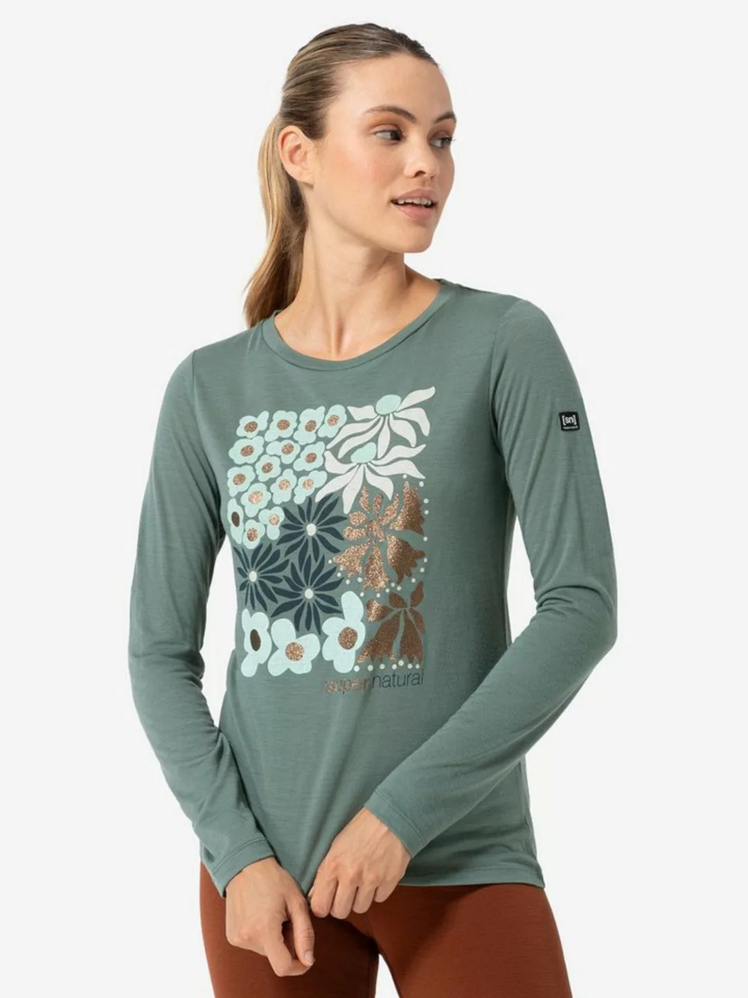 SUPER.NATURAL Langarmshirt für Damen, Merino MAT IS Blumen Motiv, bunt günstig online kaufen