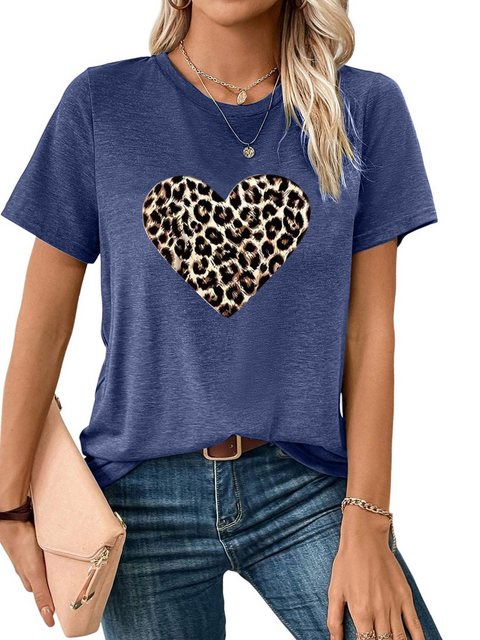 PYL Kurzarmshirt Damen Sommer Kurzarmbluse Locker Leopardenherz Print-Shirt günstig online kaufen