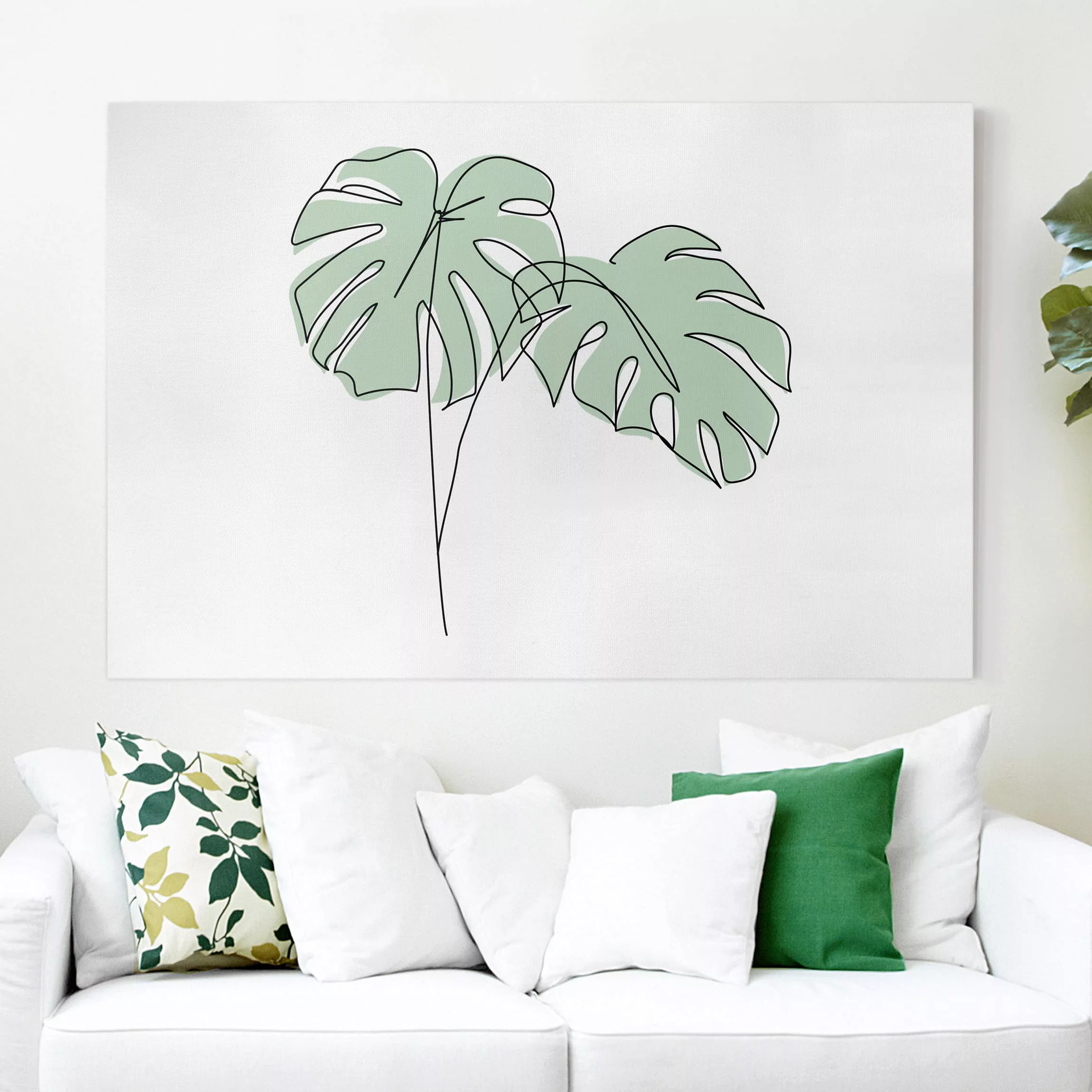 Leinwandbild Blumen - Querformat Monstera Blätter Line Art günstig online kaufen