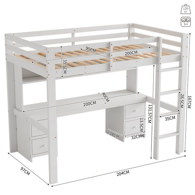 HAUSS SPLOE Hochbett 90*200cm mit Tisch, Schubladen und Fächer, Hohes Gelän günstig online kaufen