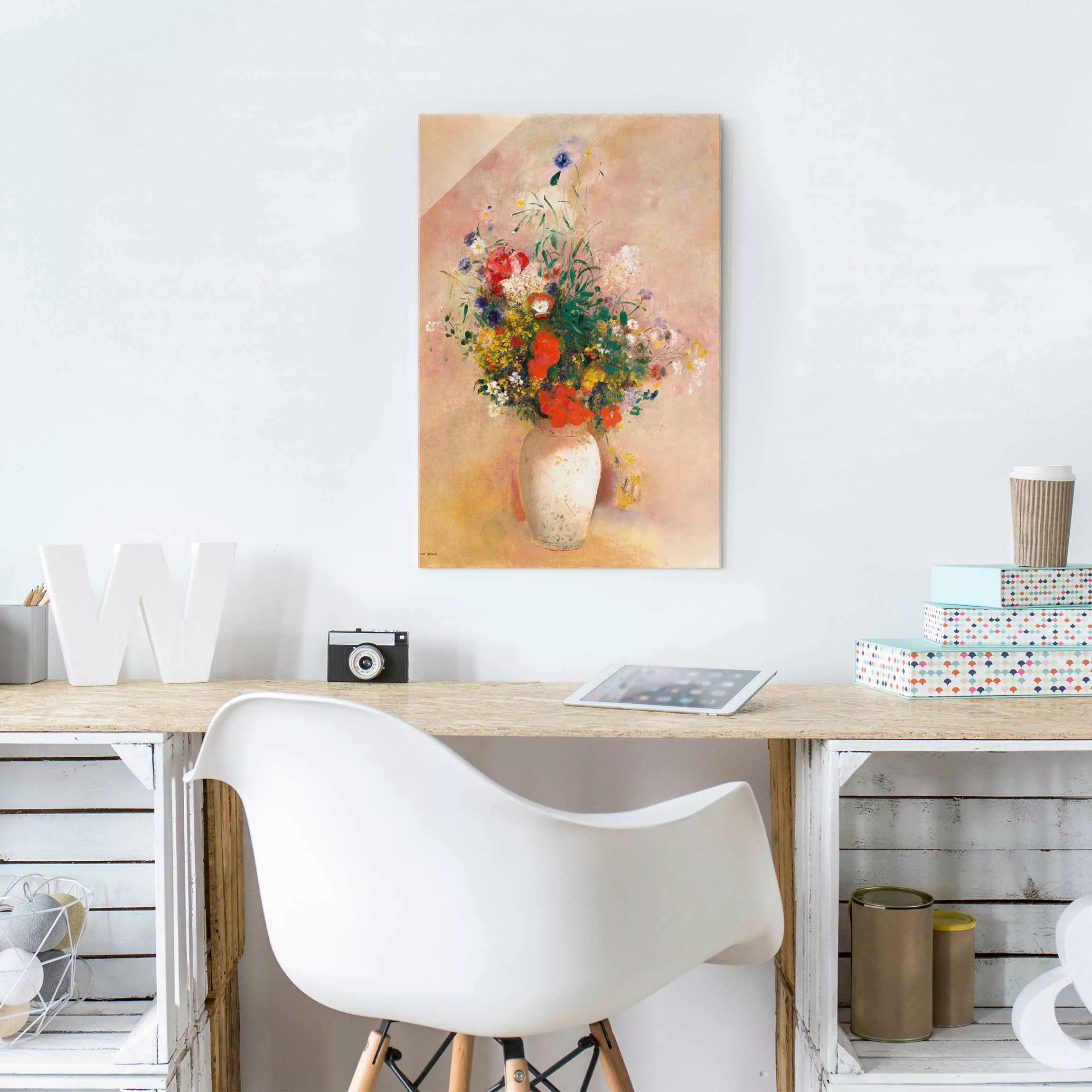 Glasbild - Hochformat Odilon Redon - Vase mit Blumen (rosenfarbener Hinterg günstig online kaufen