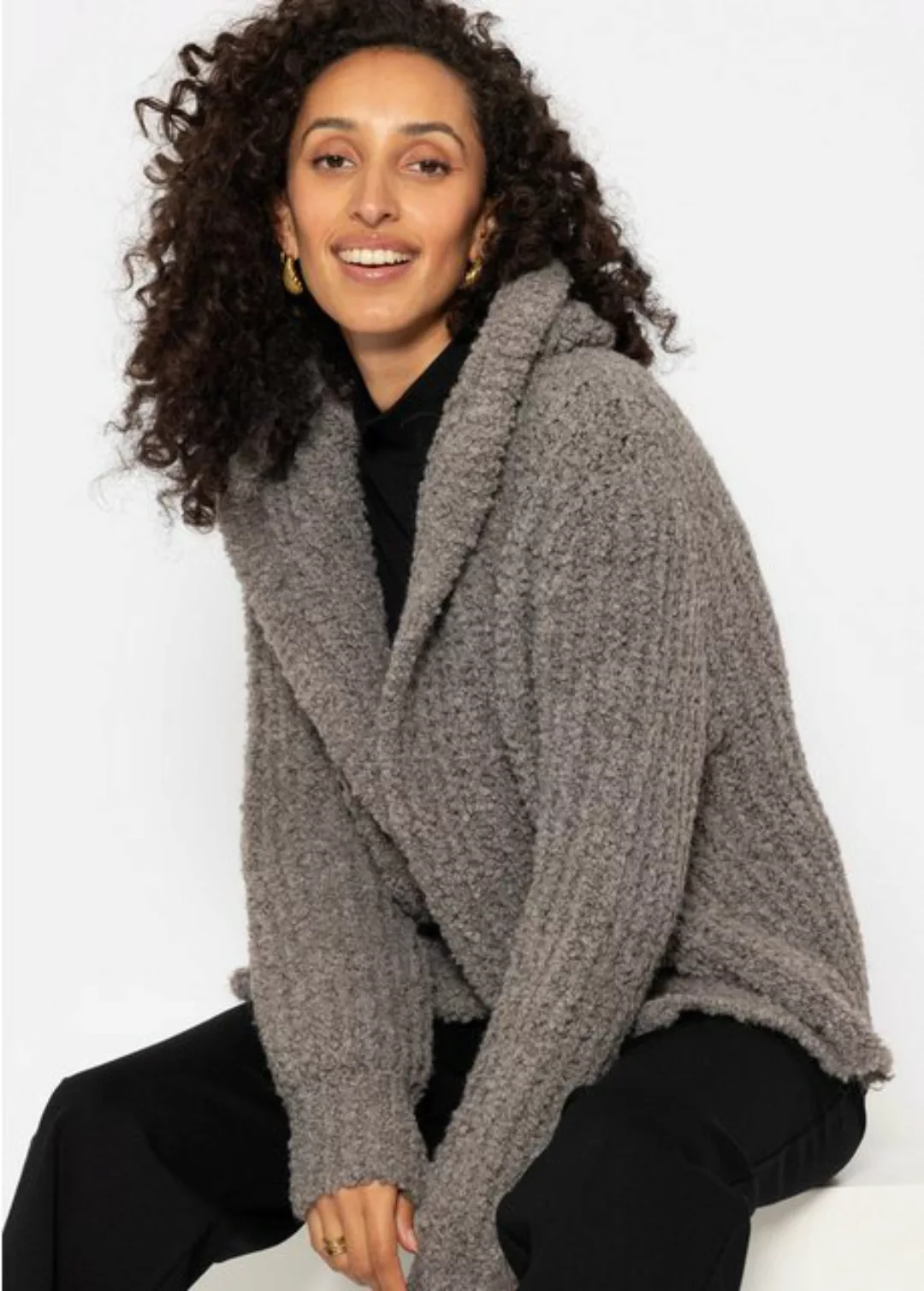 SASSYCLASSY Cardigan Bouclé-Strickjacke Damen mit Hoodie Taupe Stylischer B günstig online kaufen