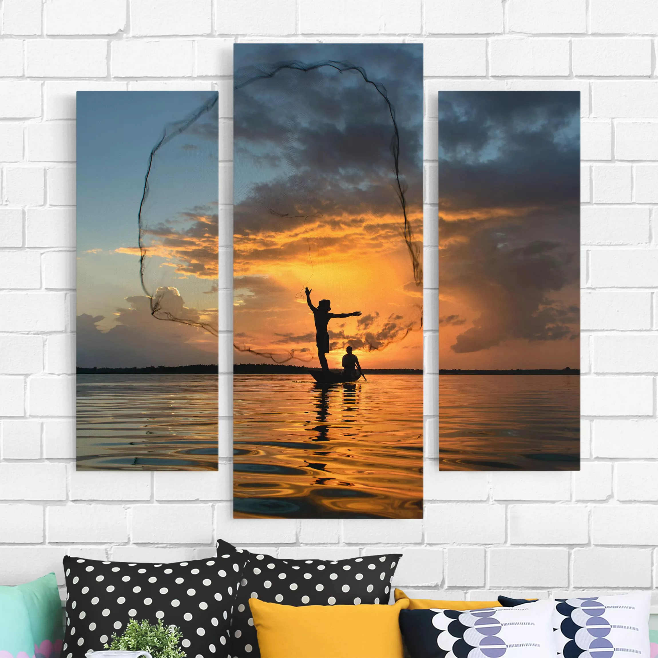 3-teiliges Leinwandbild Portrait - Querformat Netz im Sonnenuntergang günstig online kaufen