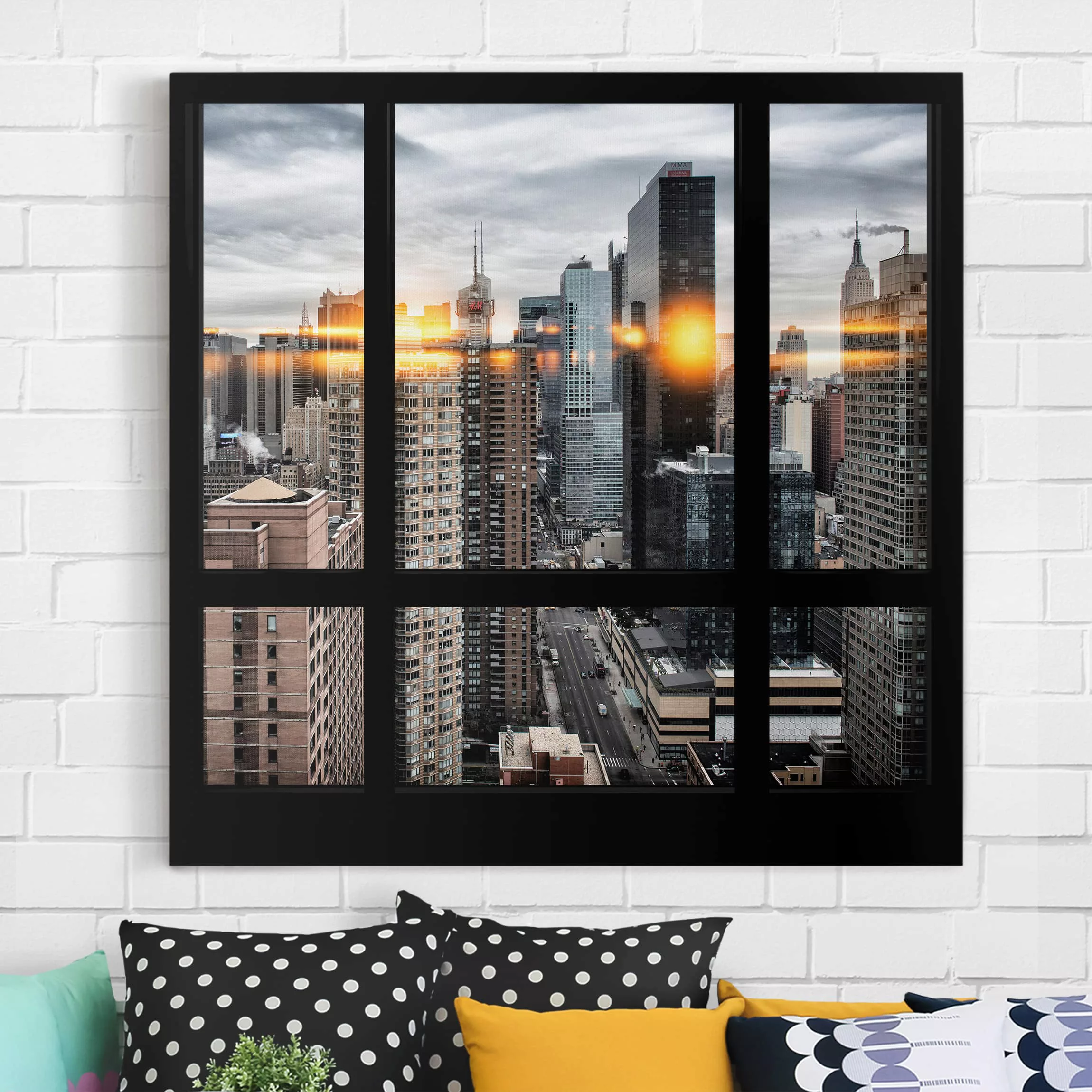 Leinwandbild New York - Quadrat Fensterblick New York mit Sonnen-Reflexion günstig online kaufen