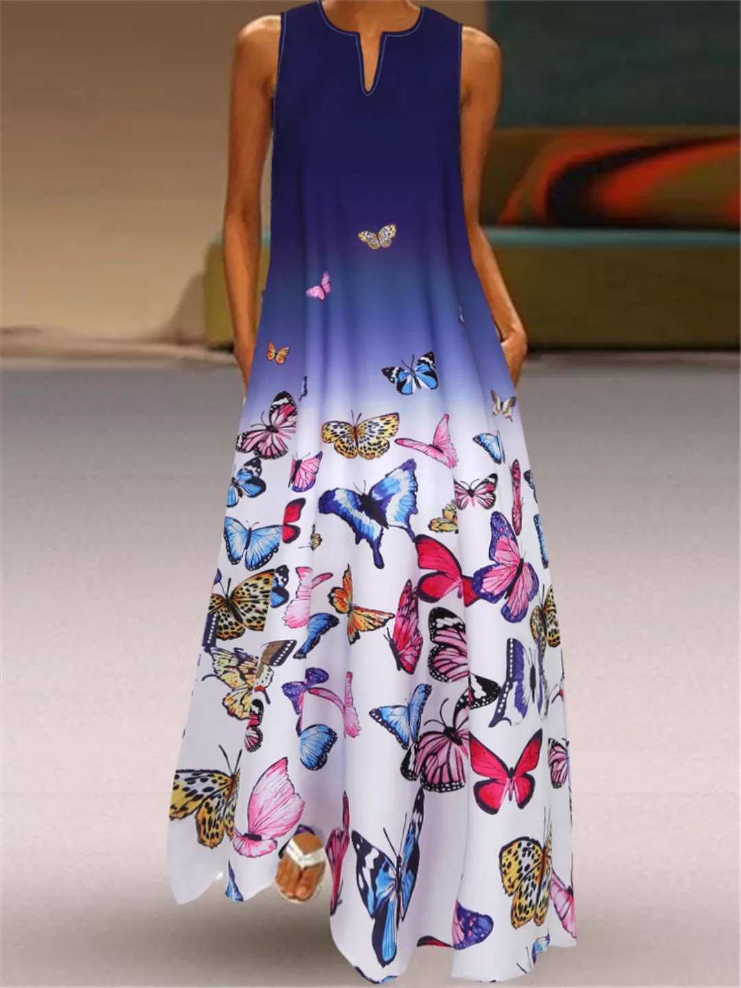 Schmetterling gedruckt Ombre Patchwork V-Ausschnitt Maxi Kleid günstig online kaufen