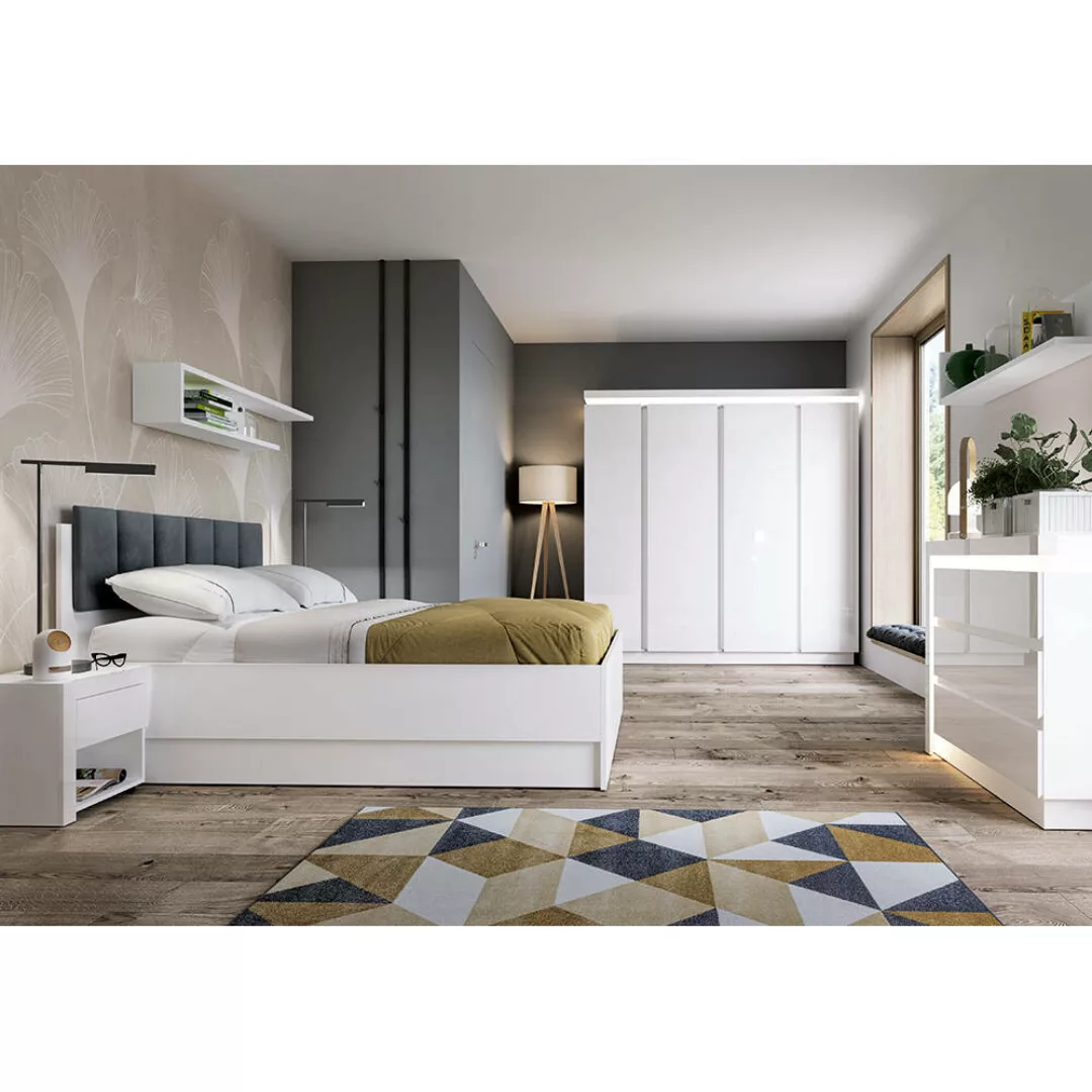 Schlafzimmer Komplett Set, 7-teilig, mit 160cm Bett in weiß Hochglanz LYNDH günstig online kaufen