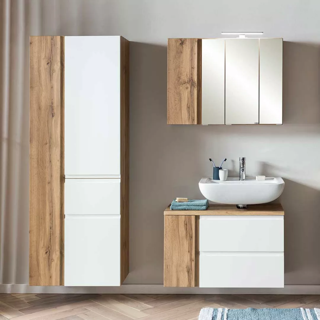 Badmöbel-Set mit Spiegelschrank in Weiß Wildeichefarben (dreiteilig) günstig online kaufen
