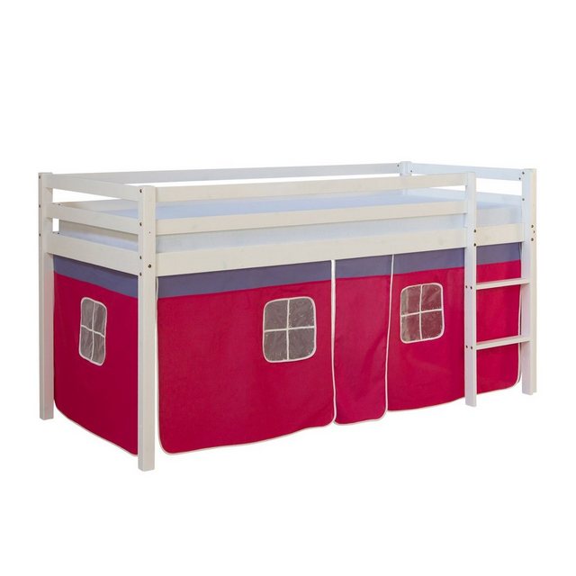 Homestyle4u Hochbett 90x200 cm Kinderbett Weiß Kiefer Spielbett mit Vorhang günstig online kaufen